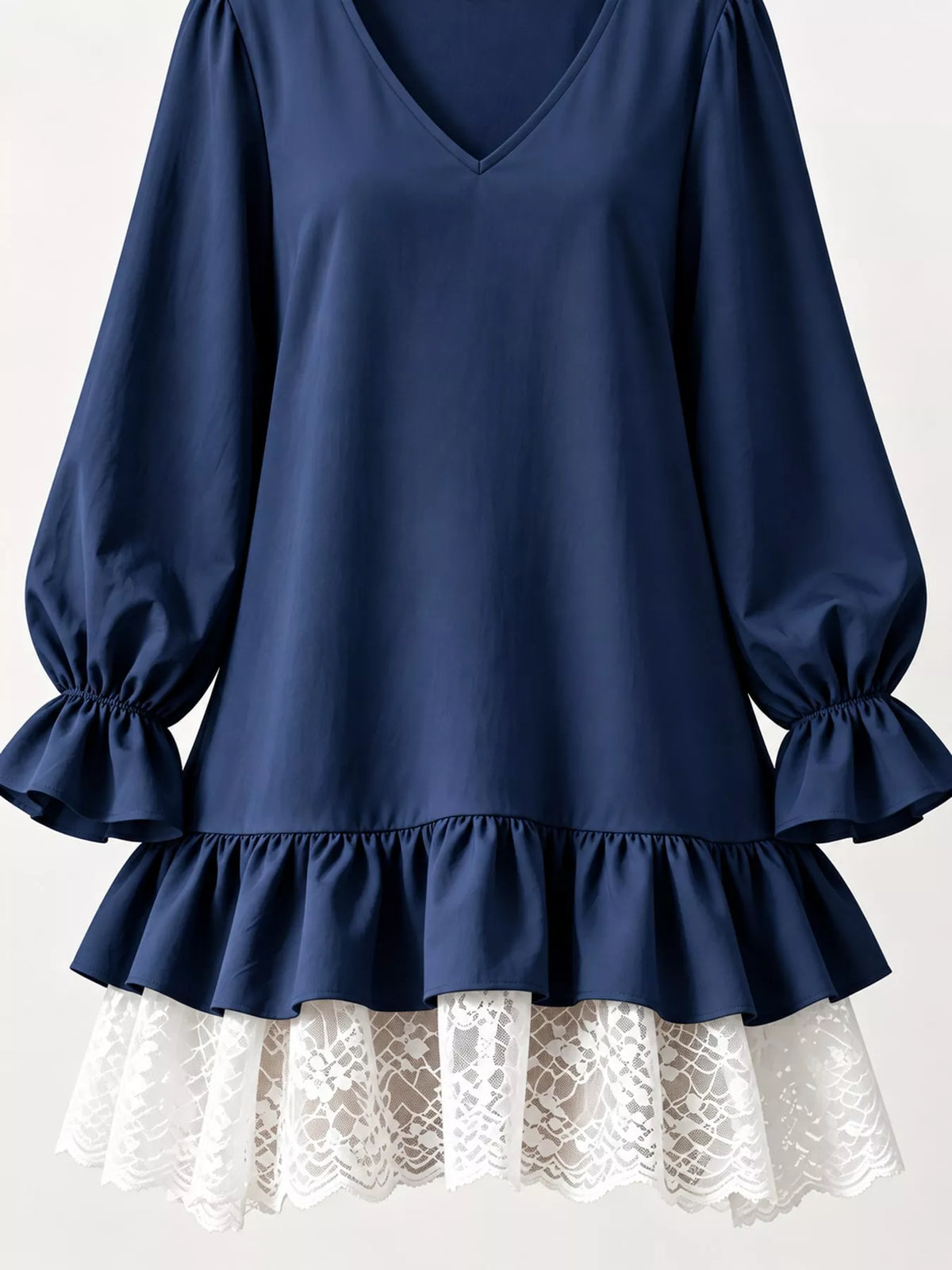 Lace-hem dress, navy sleeve and hem detail