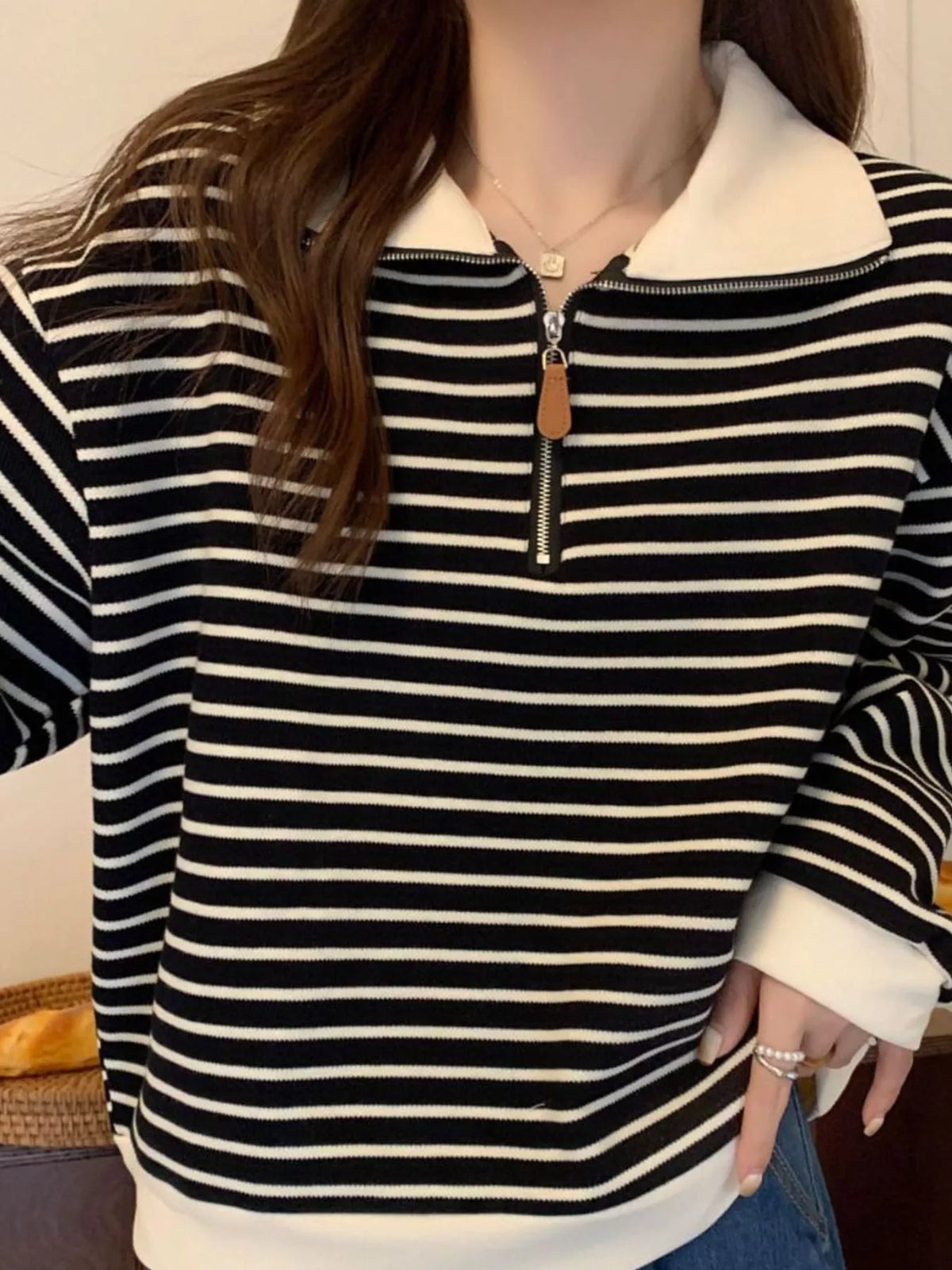 Striped Quarter-Zip Pullover Sweatshirt, detail view in black and cream