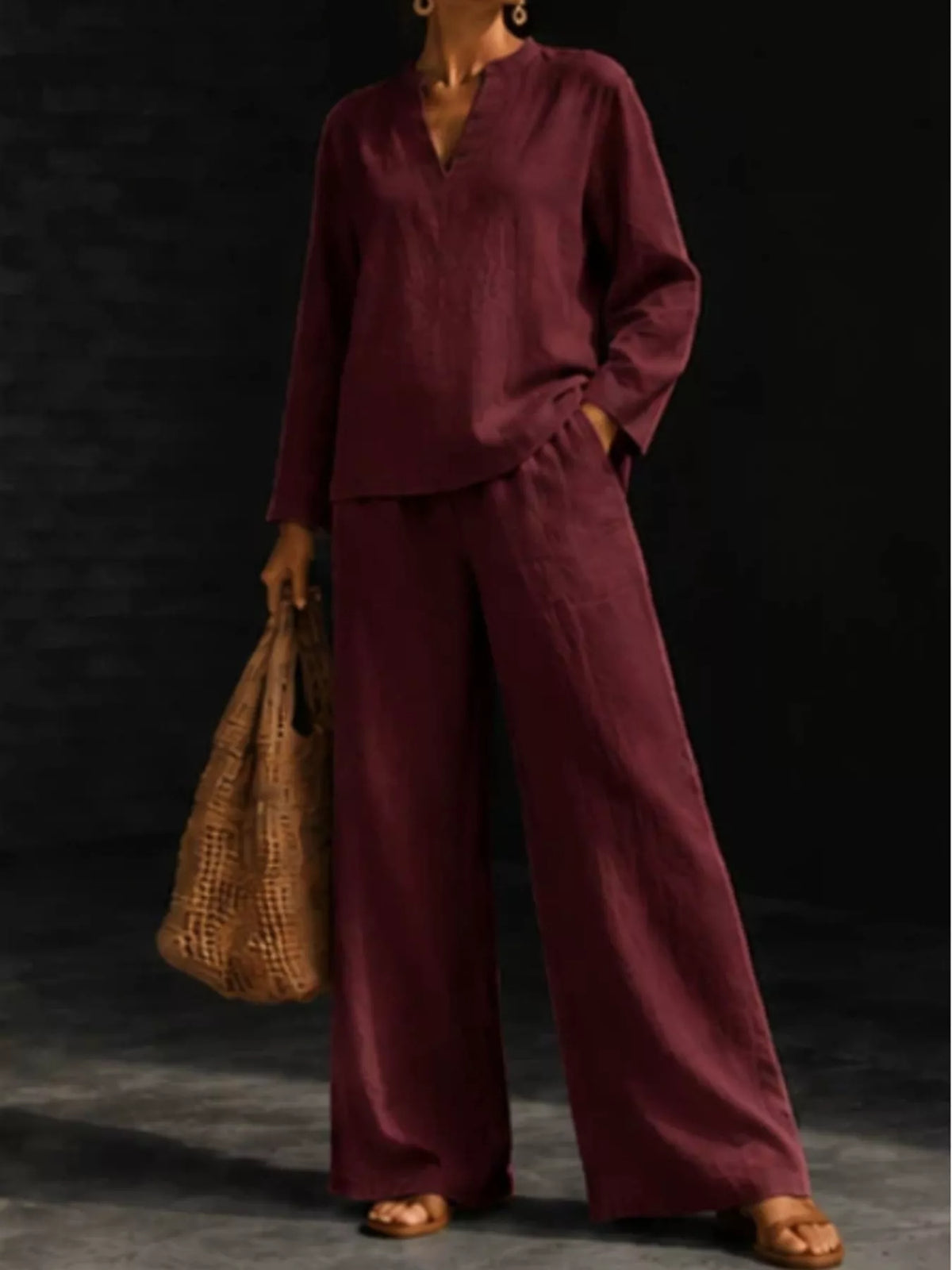Trendsi Notched Long Sleeve Top and Pants Set -