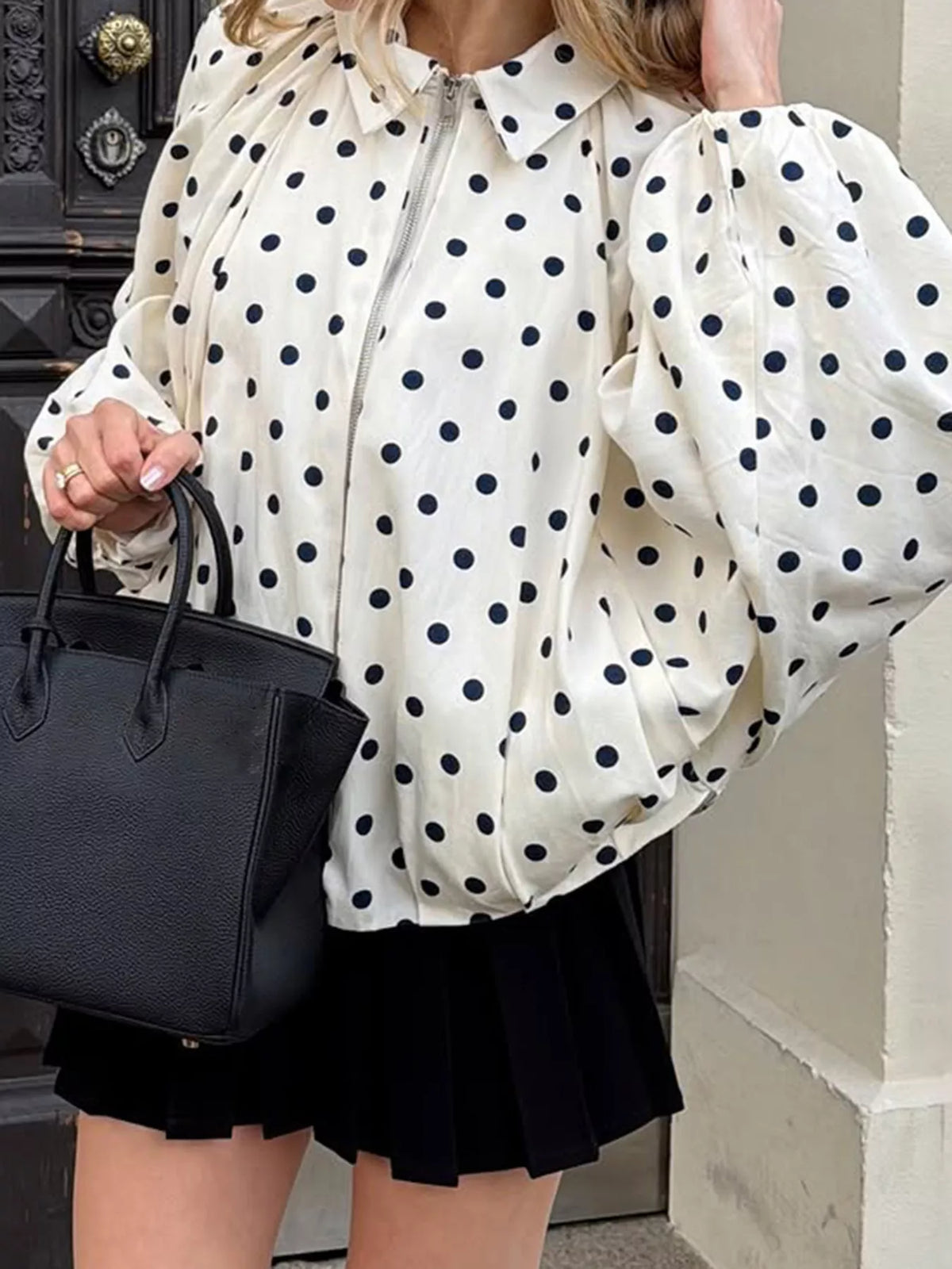 Polka-dot zip-front blouse