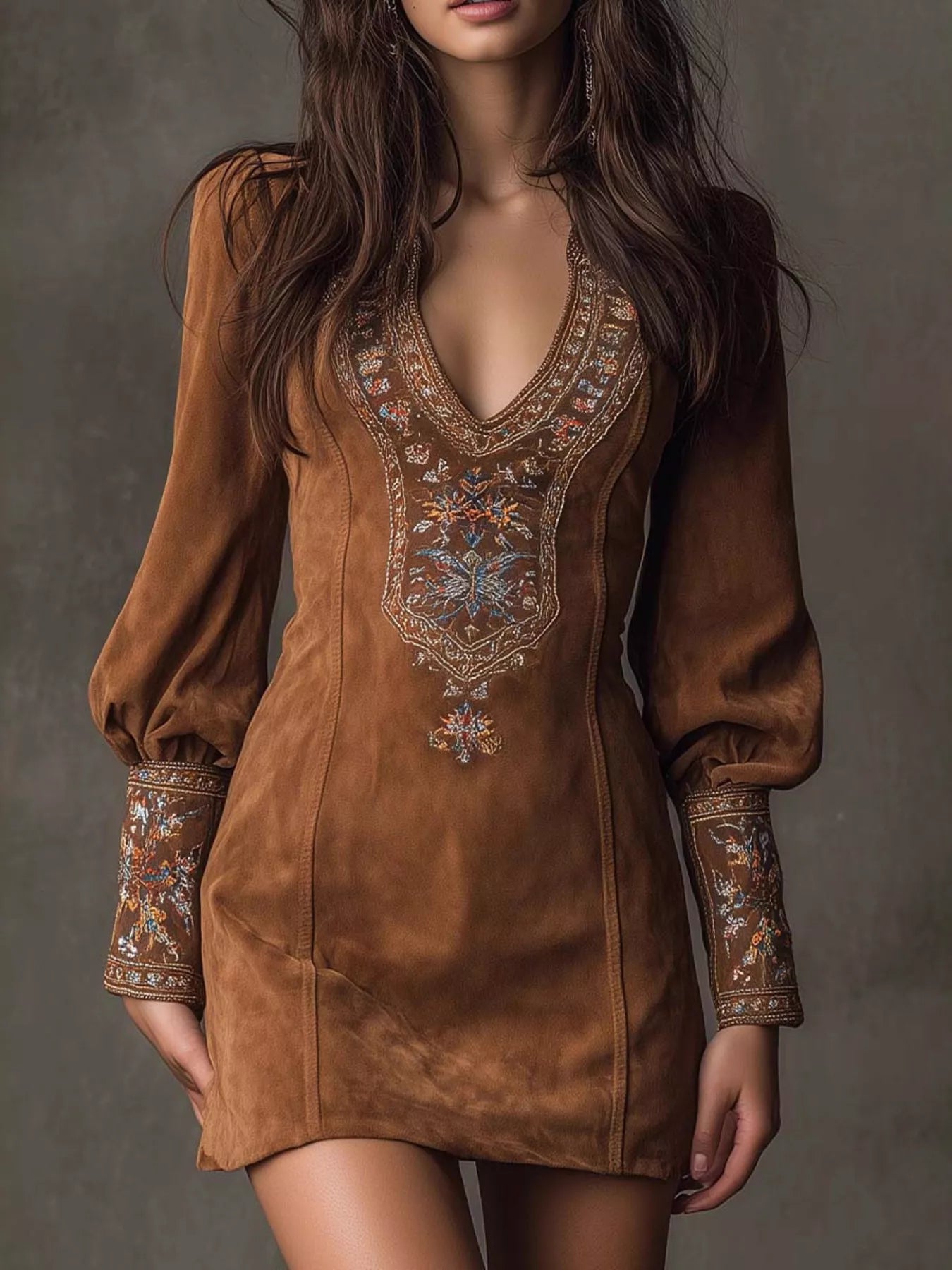 Trendsi Embroidered Lantern Sleeve Mini Dress -
