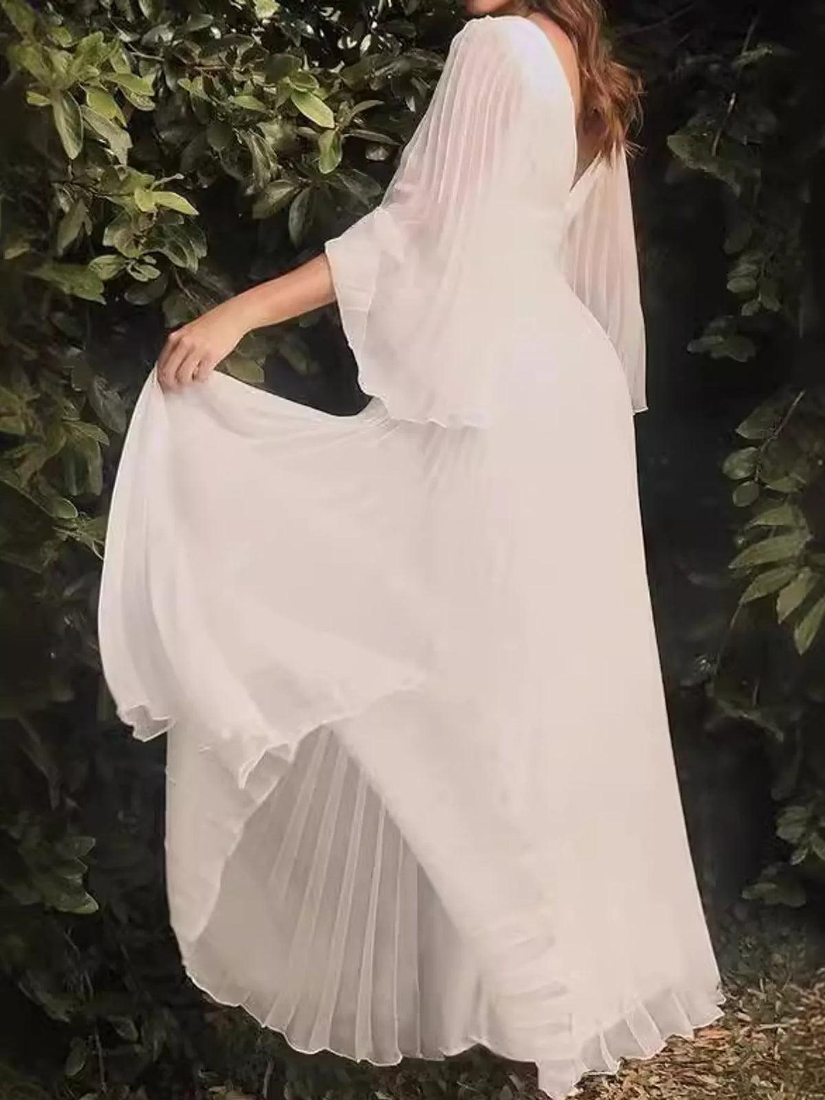 Cream v-neck pleated maxi dress, side view