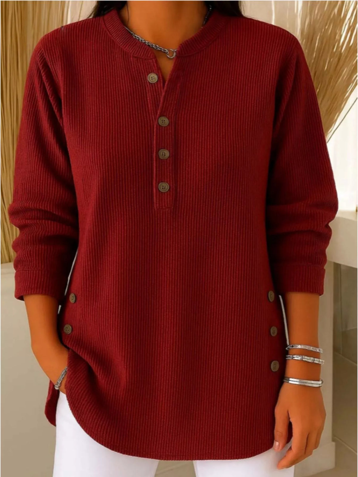 Women's Button Detail Corduroy Top in Wine Red, front view