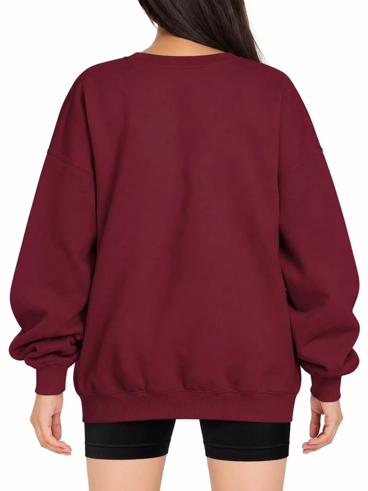 Ribbed Trim Crew Neck Sweatshirt in burgundy, back view