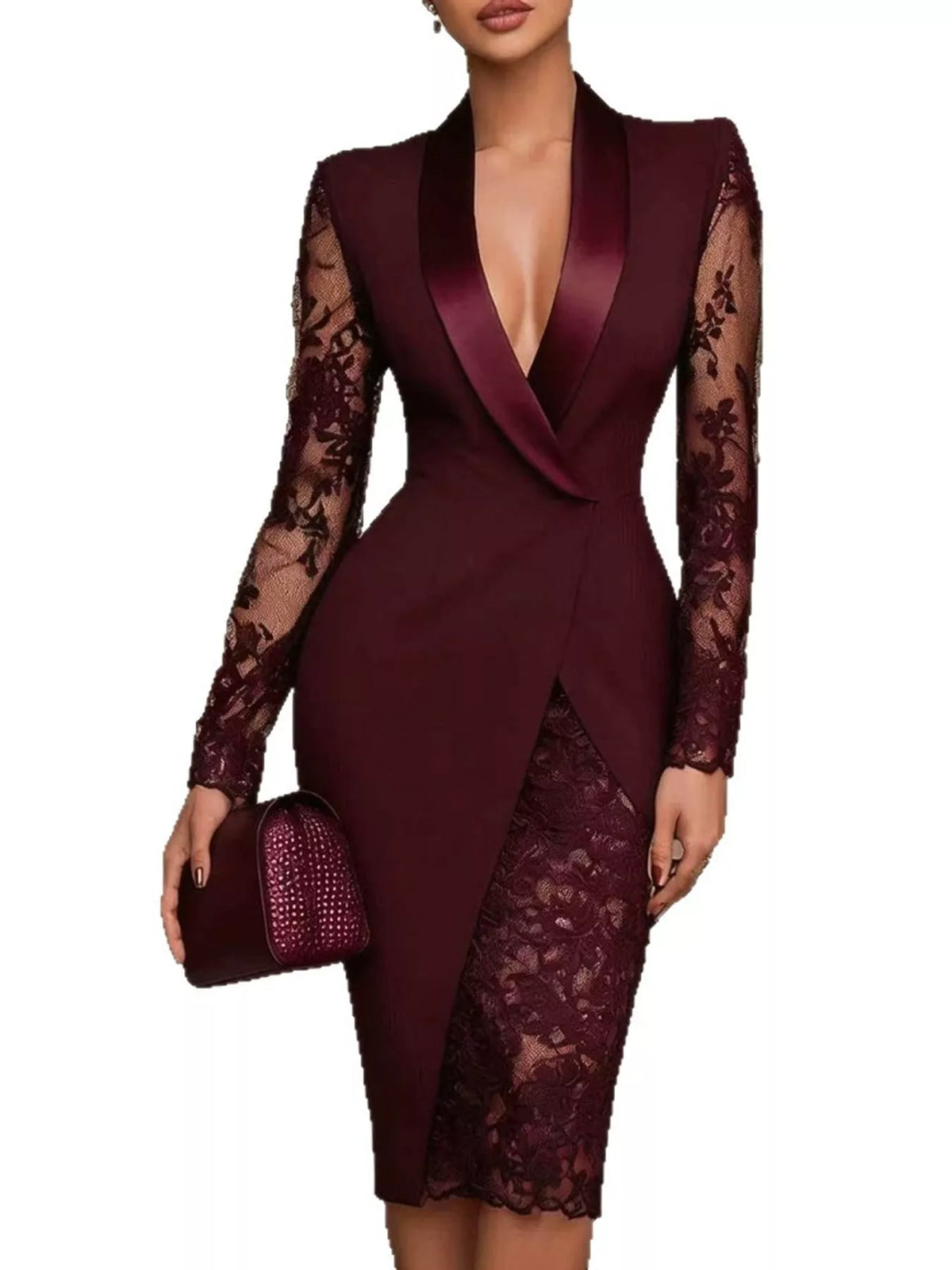 Lace-Sleeve Blazer Dress in burgundy, front view