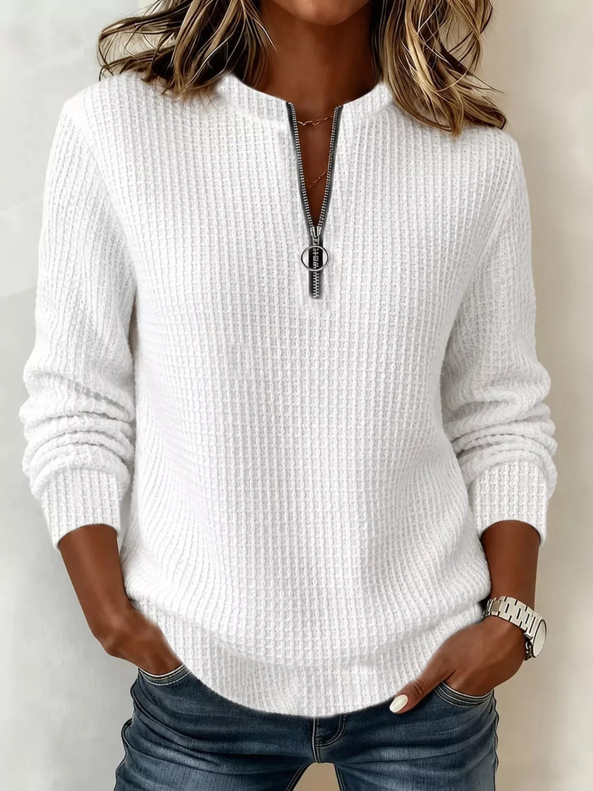 Women's Quarter-Zip Waffle Knit Sweatshirt in white — front view