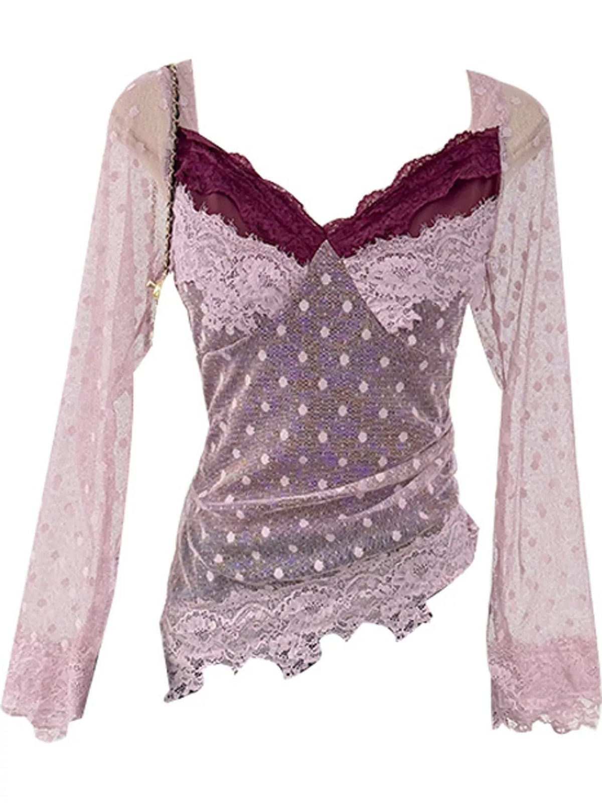 Vintage Lace Contrast Blouse with Polka Dot Mesh Sleeves in purple