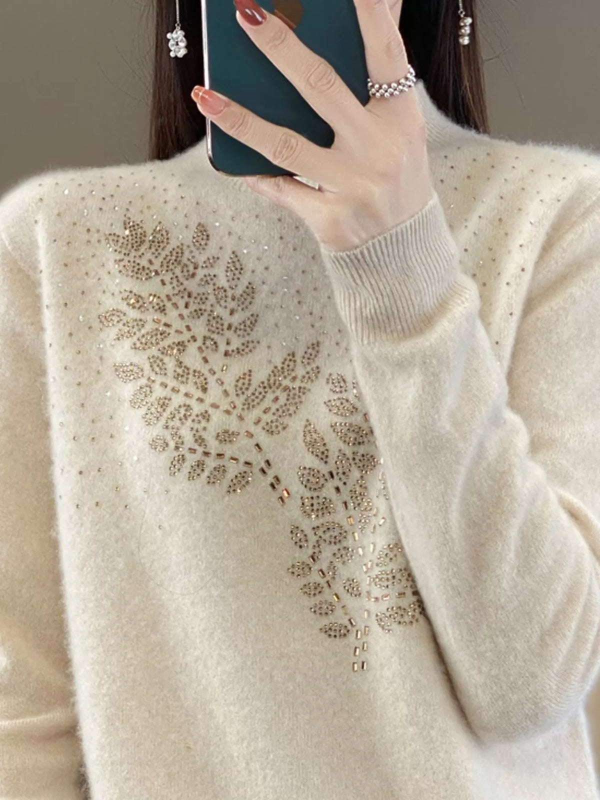 Rhinestone Leaf Mock Neck Sweater — front view