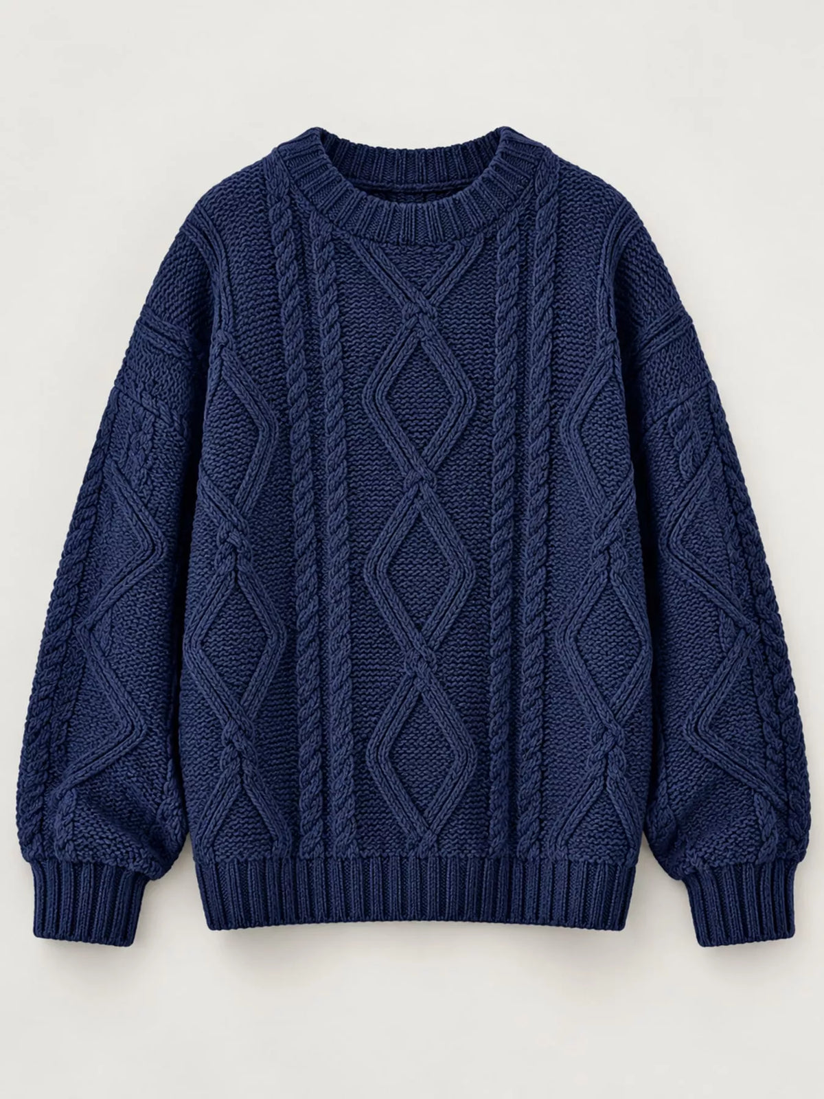 Navy cable-knit round neck sweater