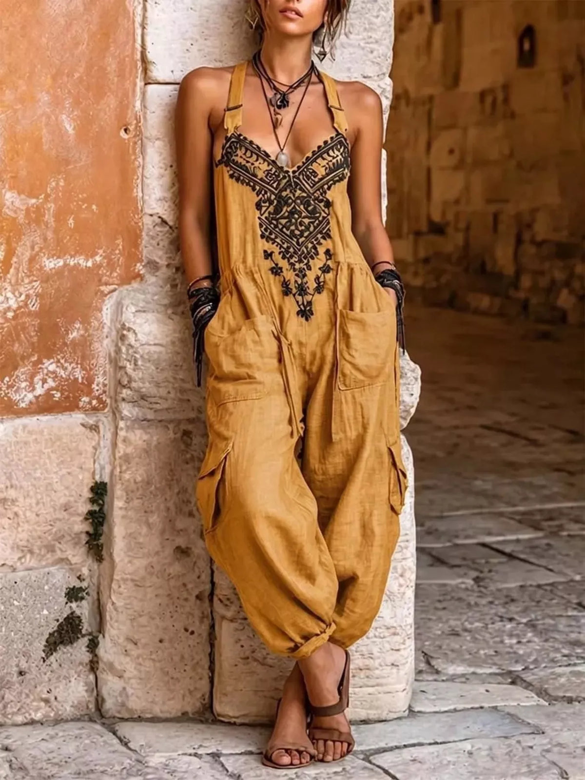 Trendsi Full Size Embroidered Sleeveless Jumpsuit with Cargo Pockets Plus Size -