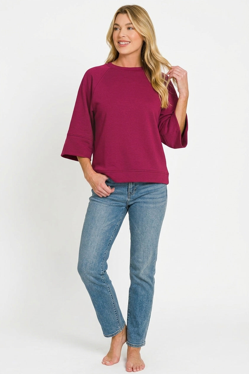 Women's Cabernet Scuba 3/4 Bell-Sleeve Relaxed Pullover — product view 3