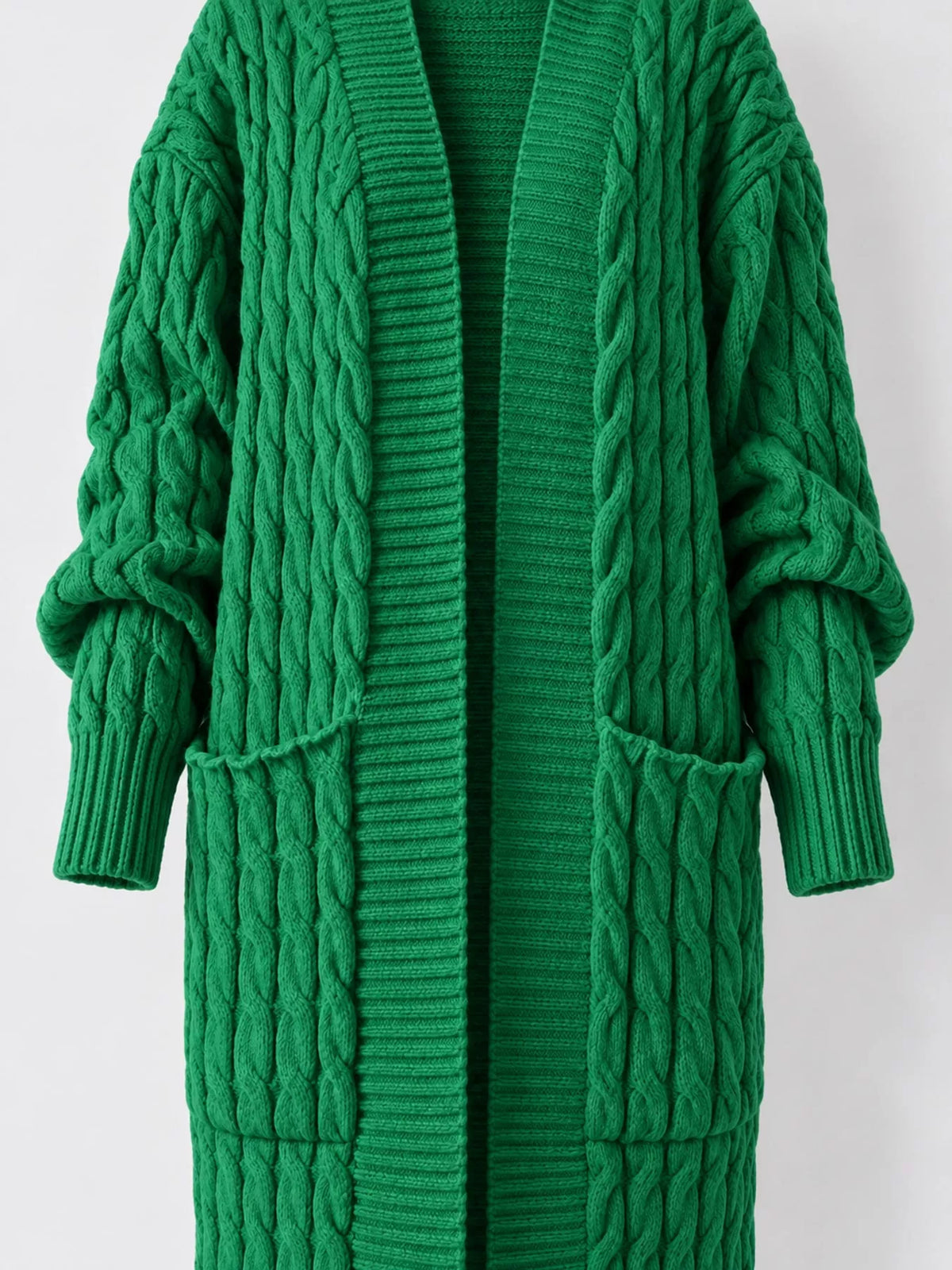 Green cable-knit longline open-front cardigan