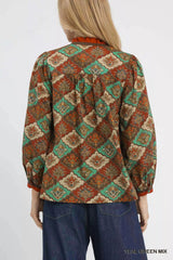 Trendsi Umgee Abstract Print Ruffle Neck Top -