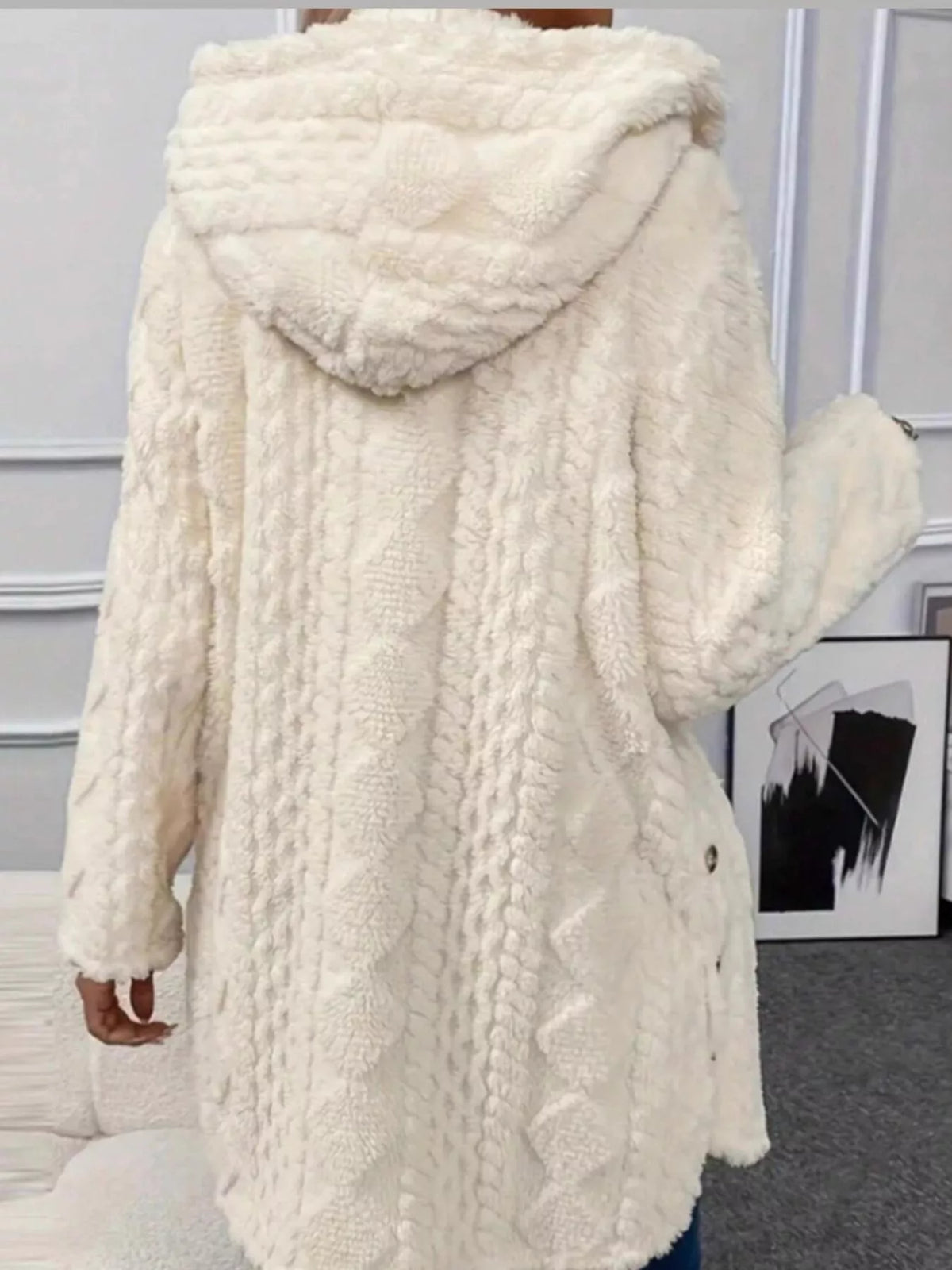 Cable-Knit Faux Shearling Hooded Jacket — back view