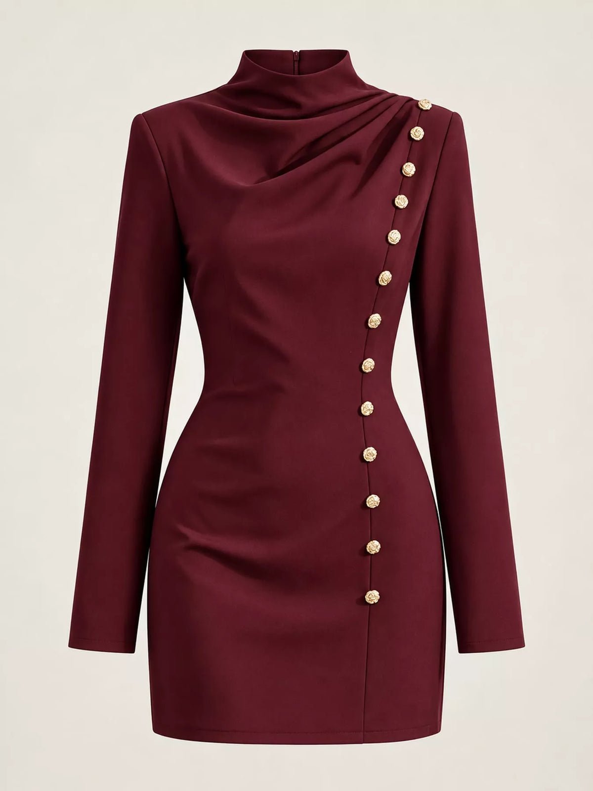 Burgundy decorative button mock neck mini dress