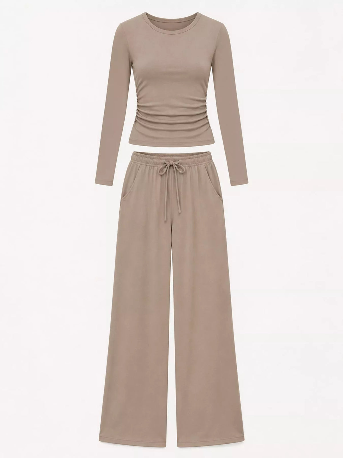 Long Sleeve Top and Wide-Leg Drawstring Pants Set — garment front