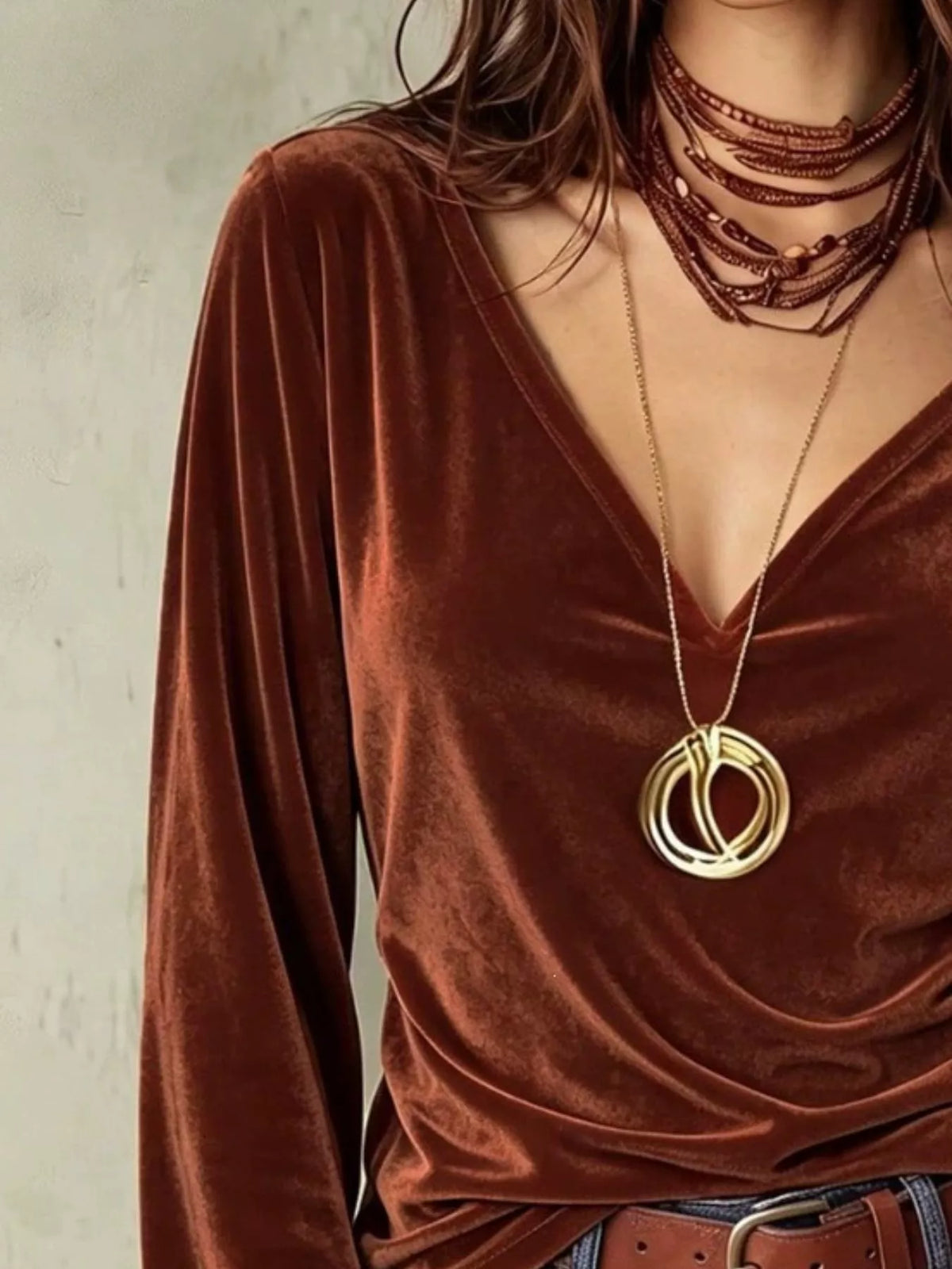 Women's V-Neck Long Sleeve Velvet Blouse in brown — neckline detail view