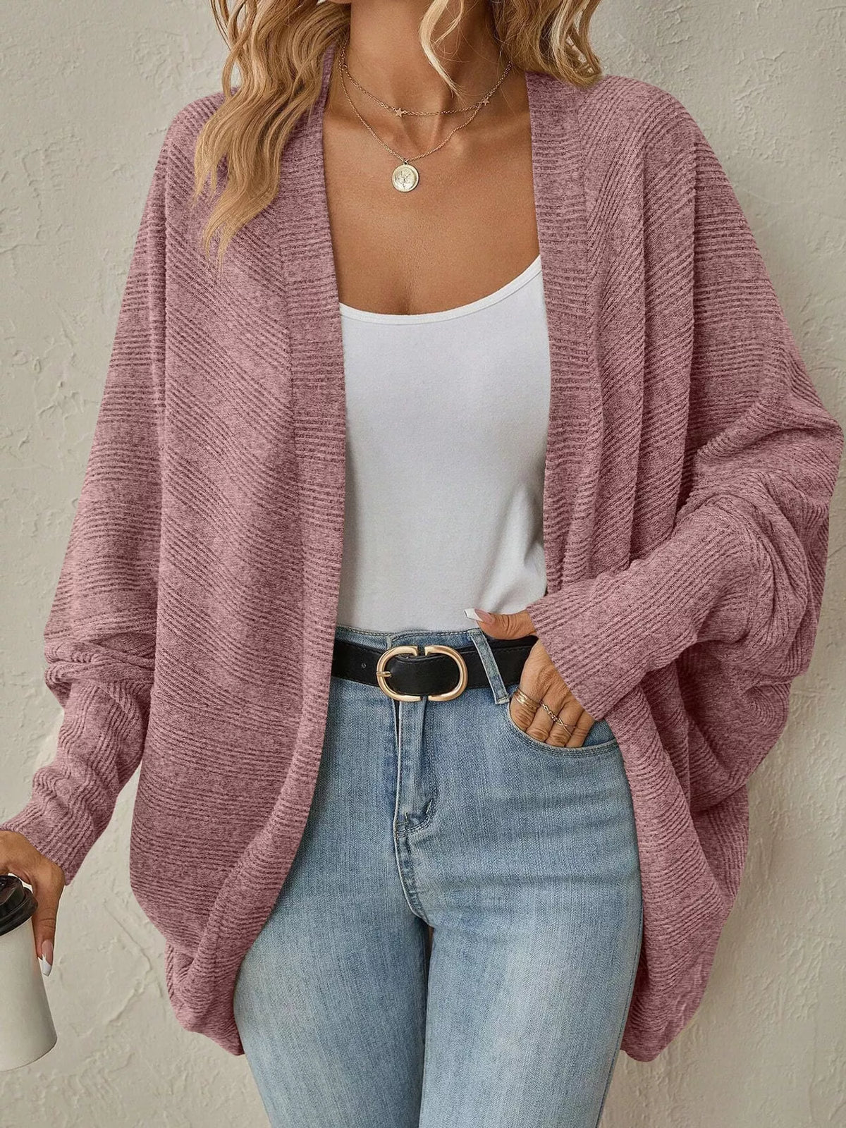 Dusty pink open-front batwing sleeve ribbed cardigan