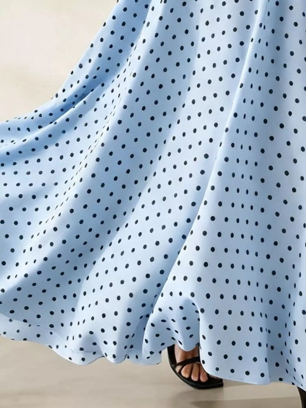 Polka Dot Long Sleeve Maxi Dress with Waist Tie, detail view in light blue and black