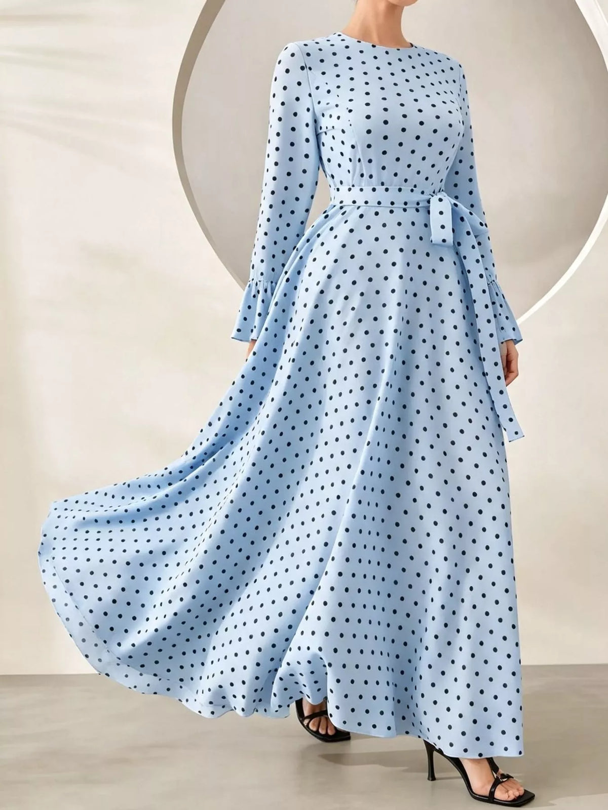 Polka Dot Long Sleeve Maxi Dress with Waist Tie in light blue and black