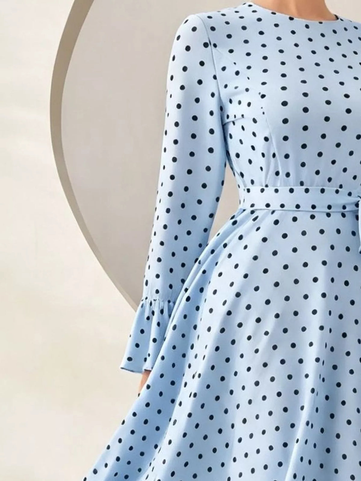 Polka Dot Long Sleeve Maxi Dress with Waist Tie, back view in light blue and black
