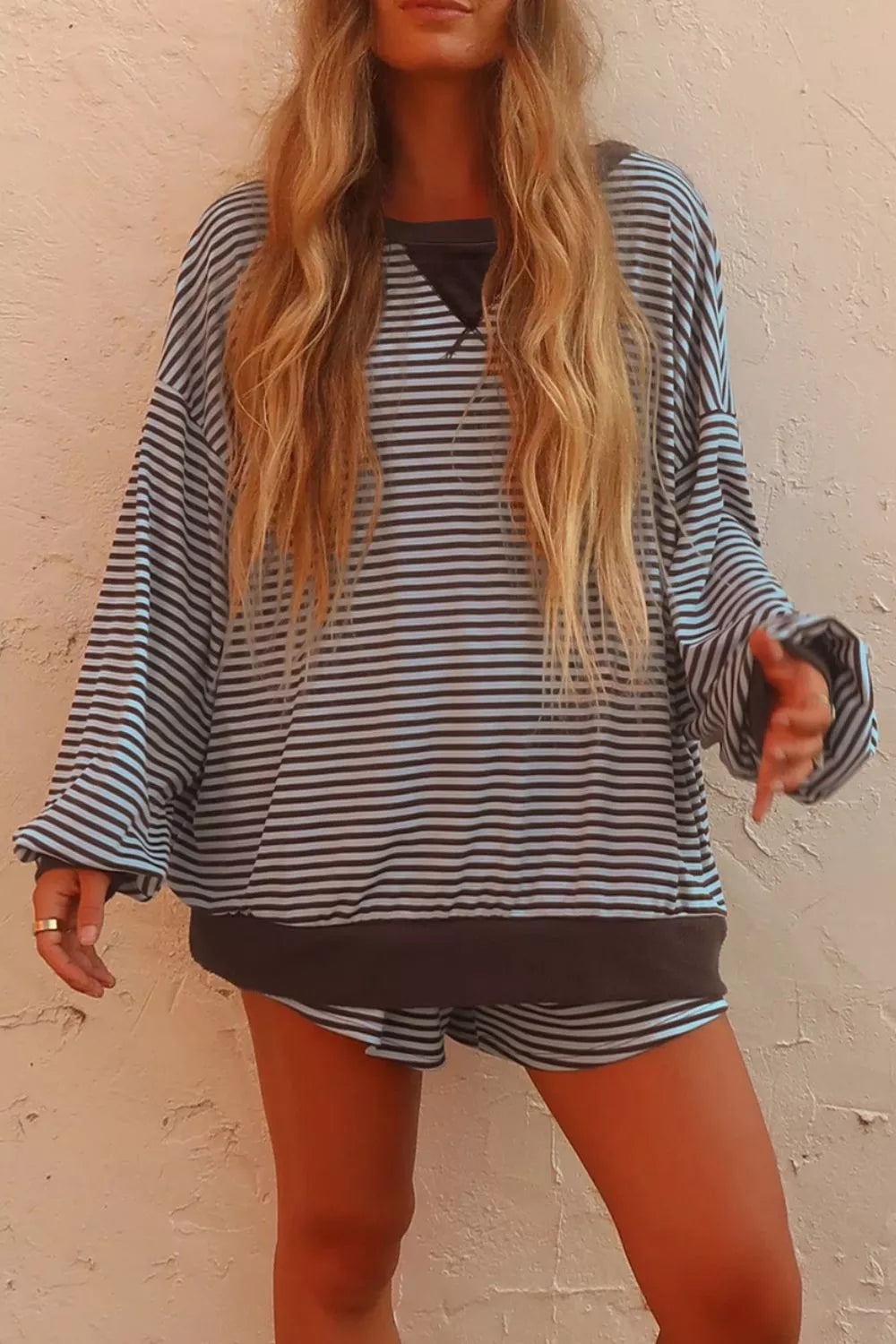 Trendsi Stripe Oversized Long Sleeve Top Drawstring Loose Shorts 2pcs Set -