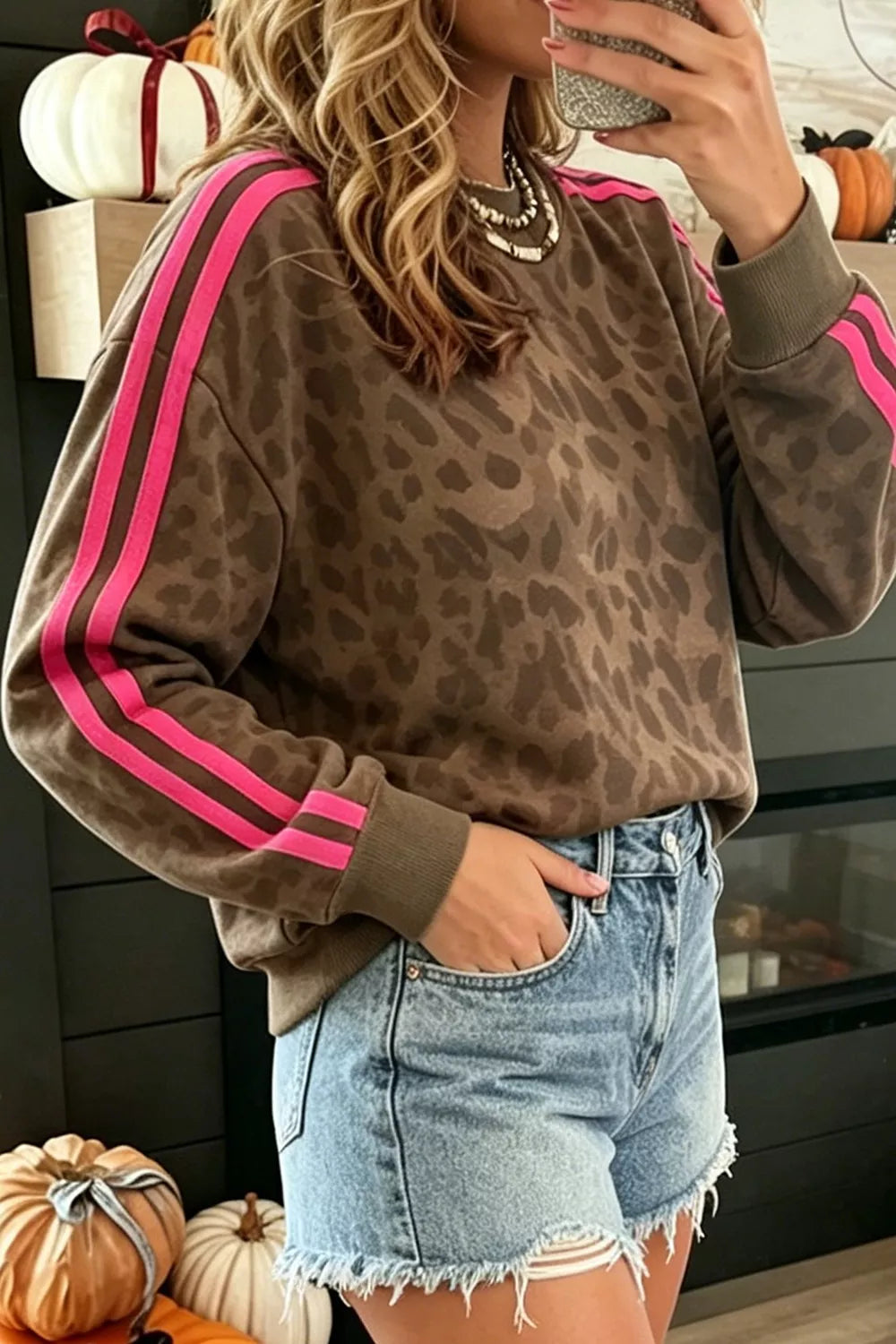 Trendsi Side Stripes Leopard Round Neck Sweatshirt -