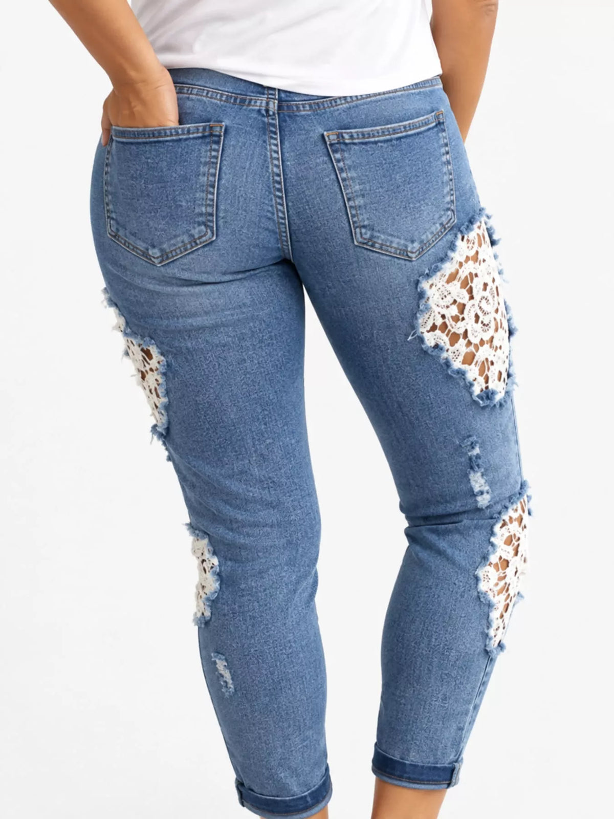 Distressed Lace Skinny Jeans in blue, back view
