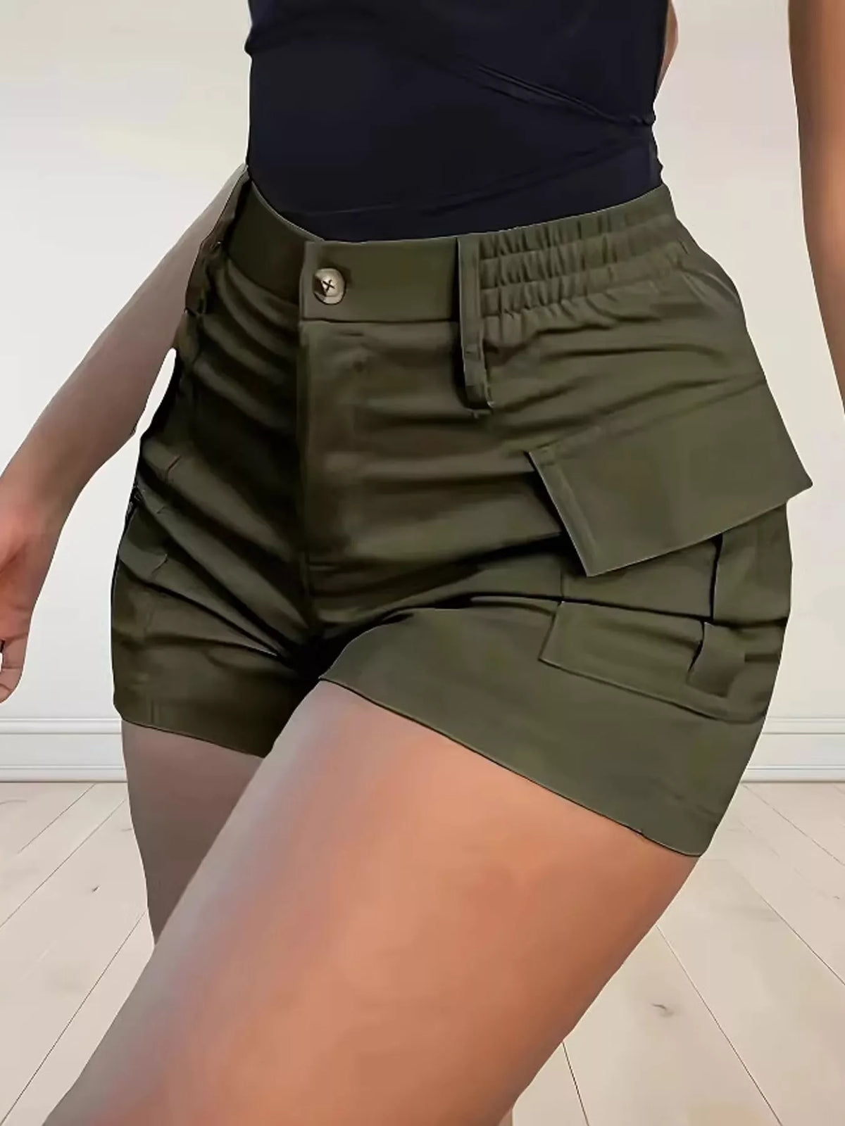 Army Green high-waisted cargo shorts
