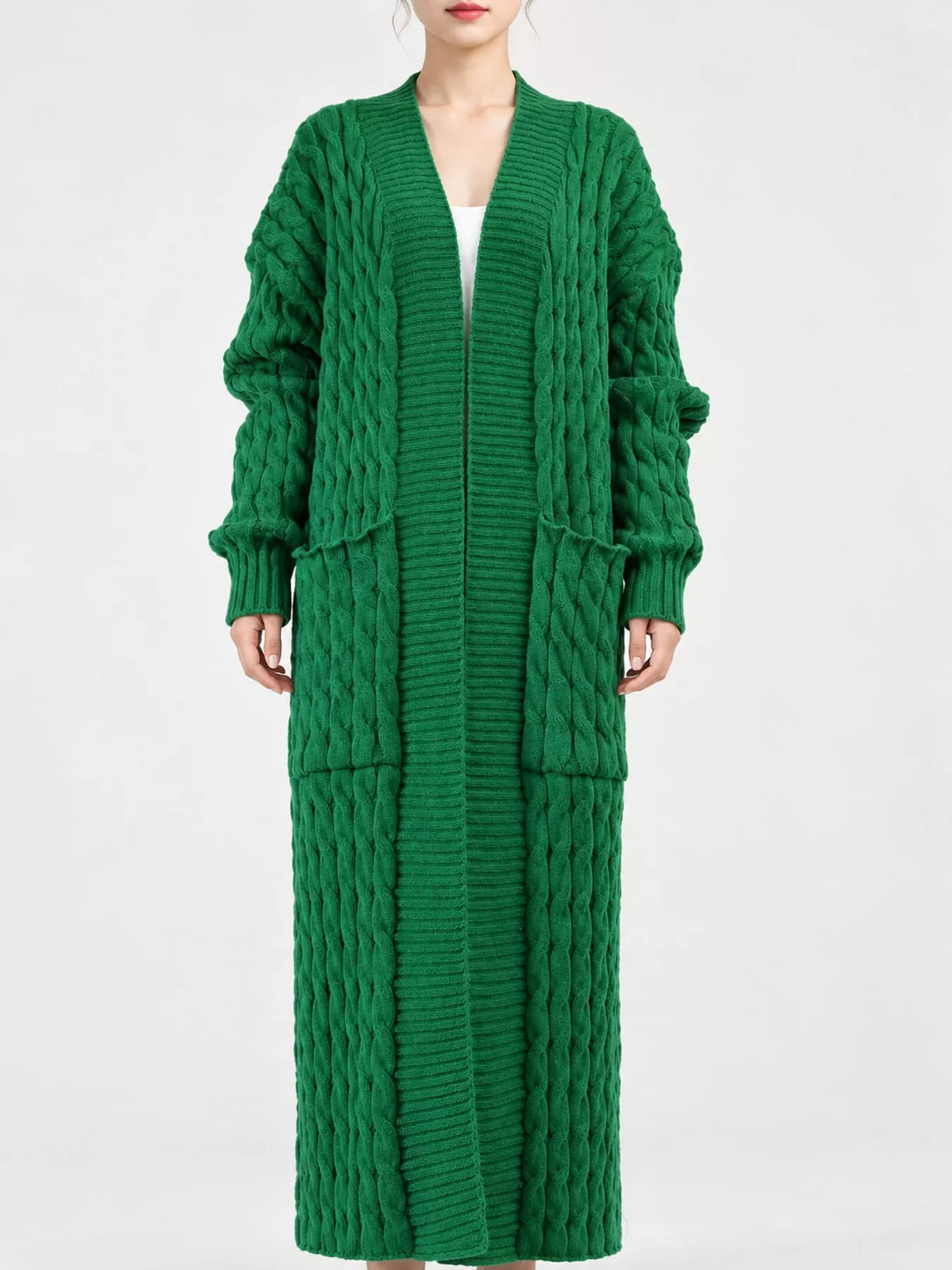 Green cable-knit longline open-front cardigan