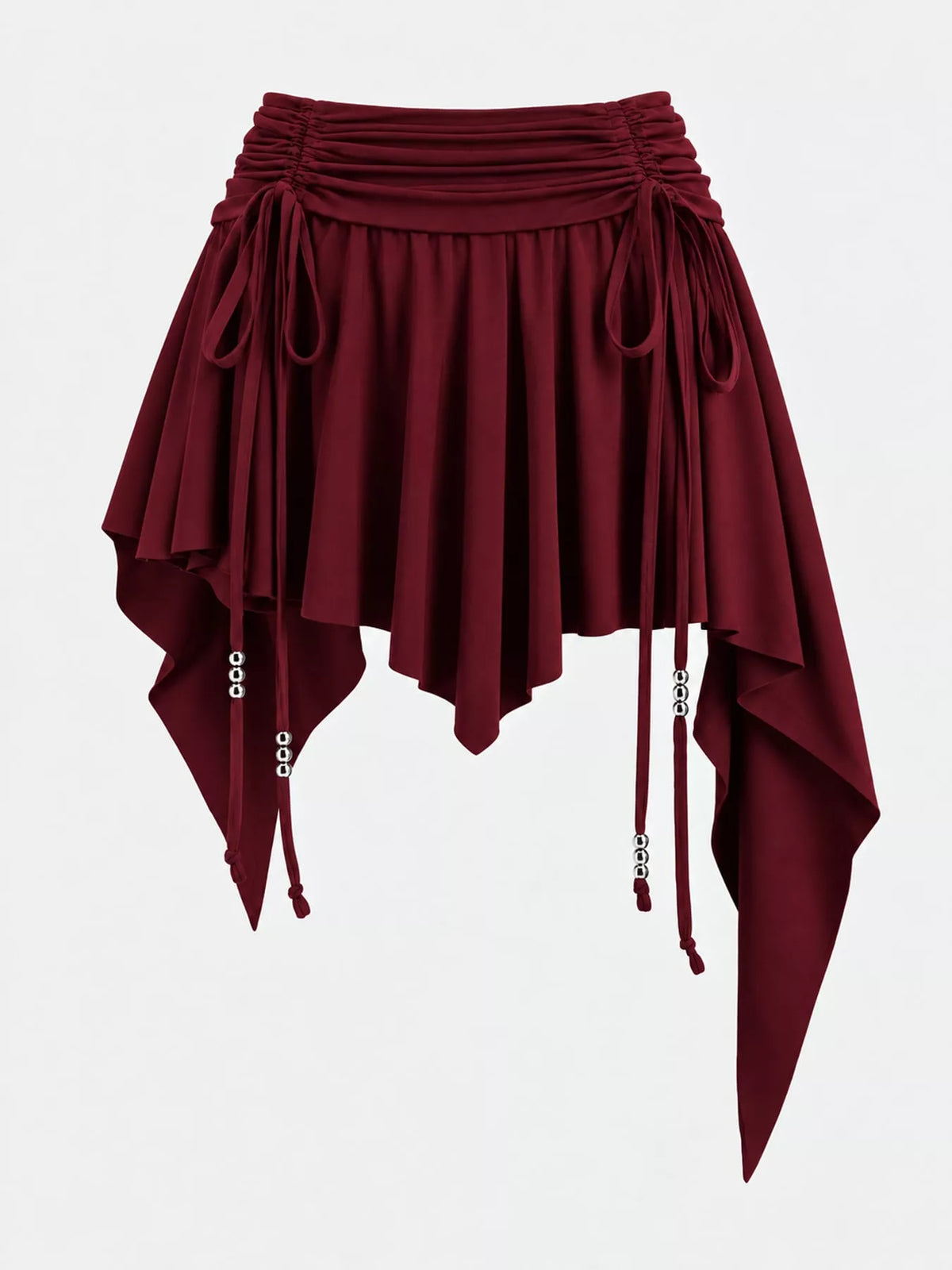 Ruched Asymmetrical Drawstring Mini Skirt in burgundy