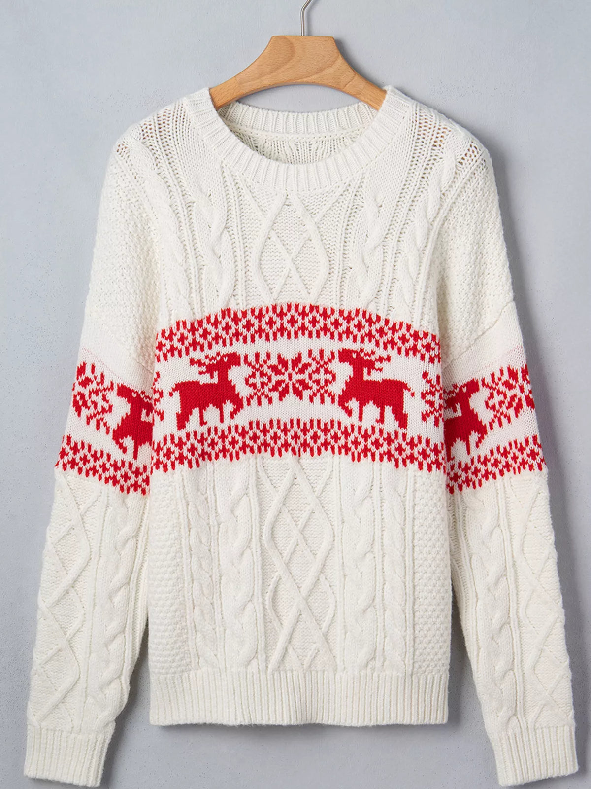 Reindeer Cable Knit Christmas Sweater in cream, front view