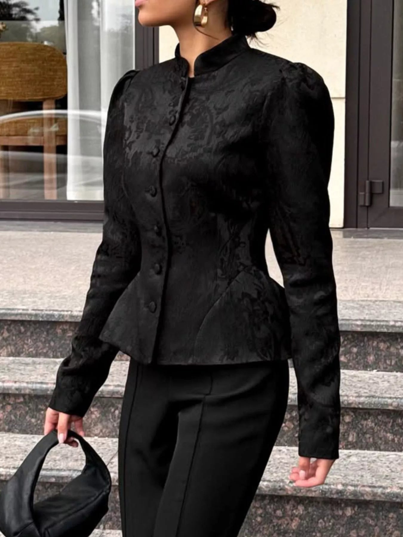 Trendsi Jacquard Peplum Puff Sleeve Outerwear -