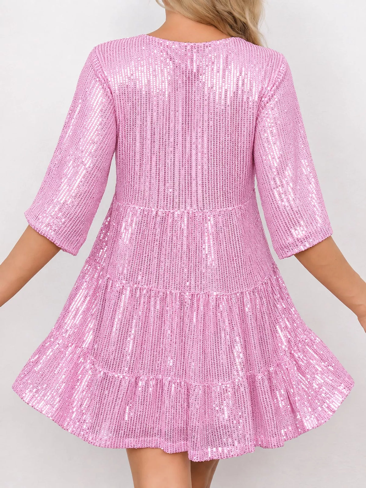 Round neck 3/4 sleeve mini dress, back view