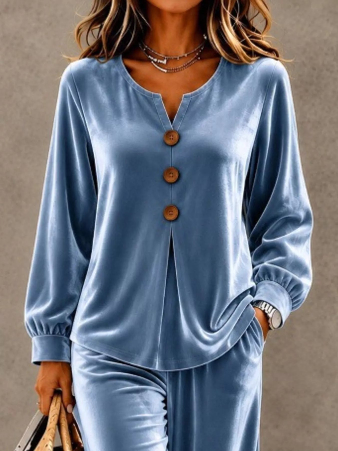 Trendsi Elegant Velvet Decor-Button Top and Pants Set -