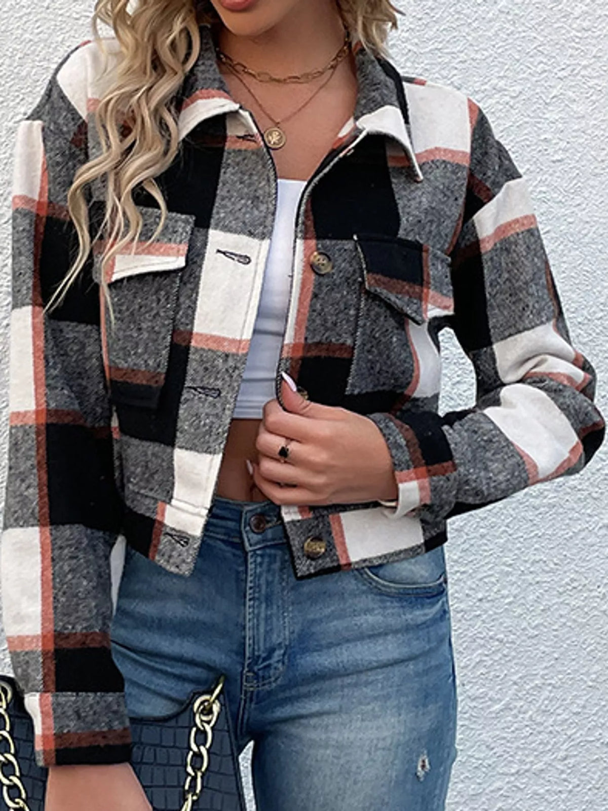 Black plaid button-up cropped jacket