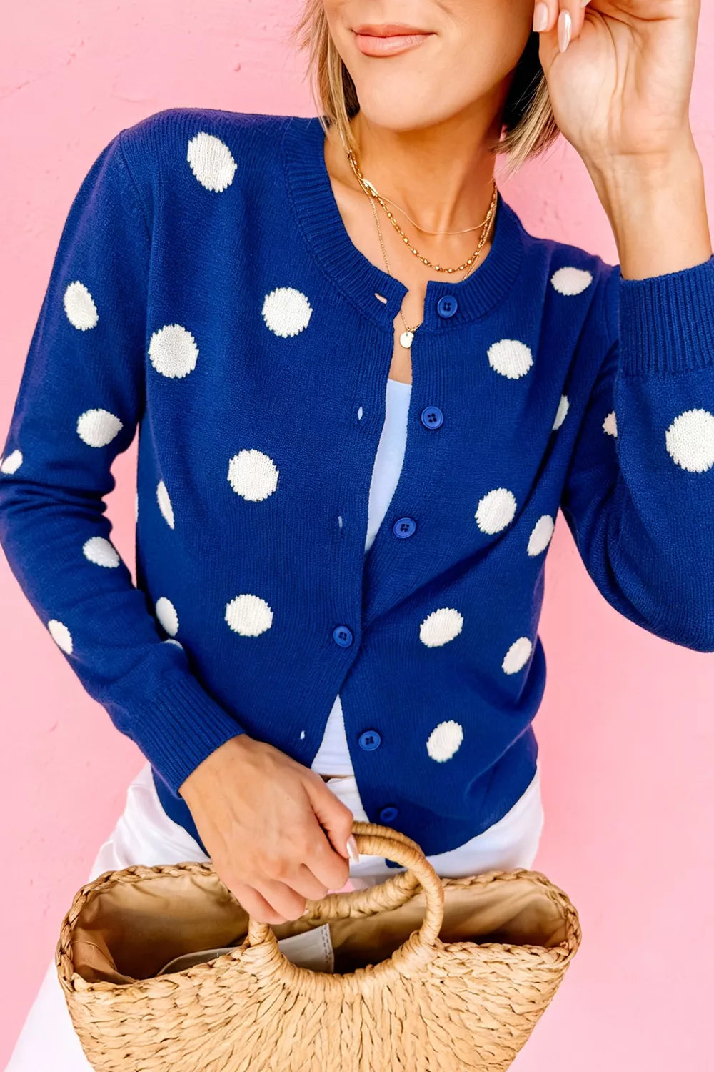 Trendsi Casual Polka Dot Button Front Long Sleeve Sweater Cardigan -