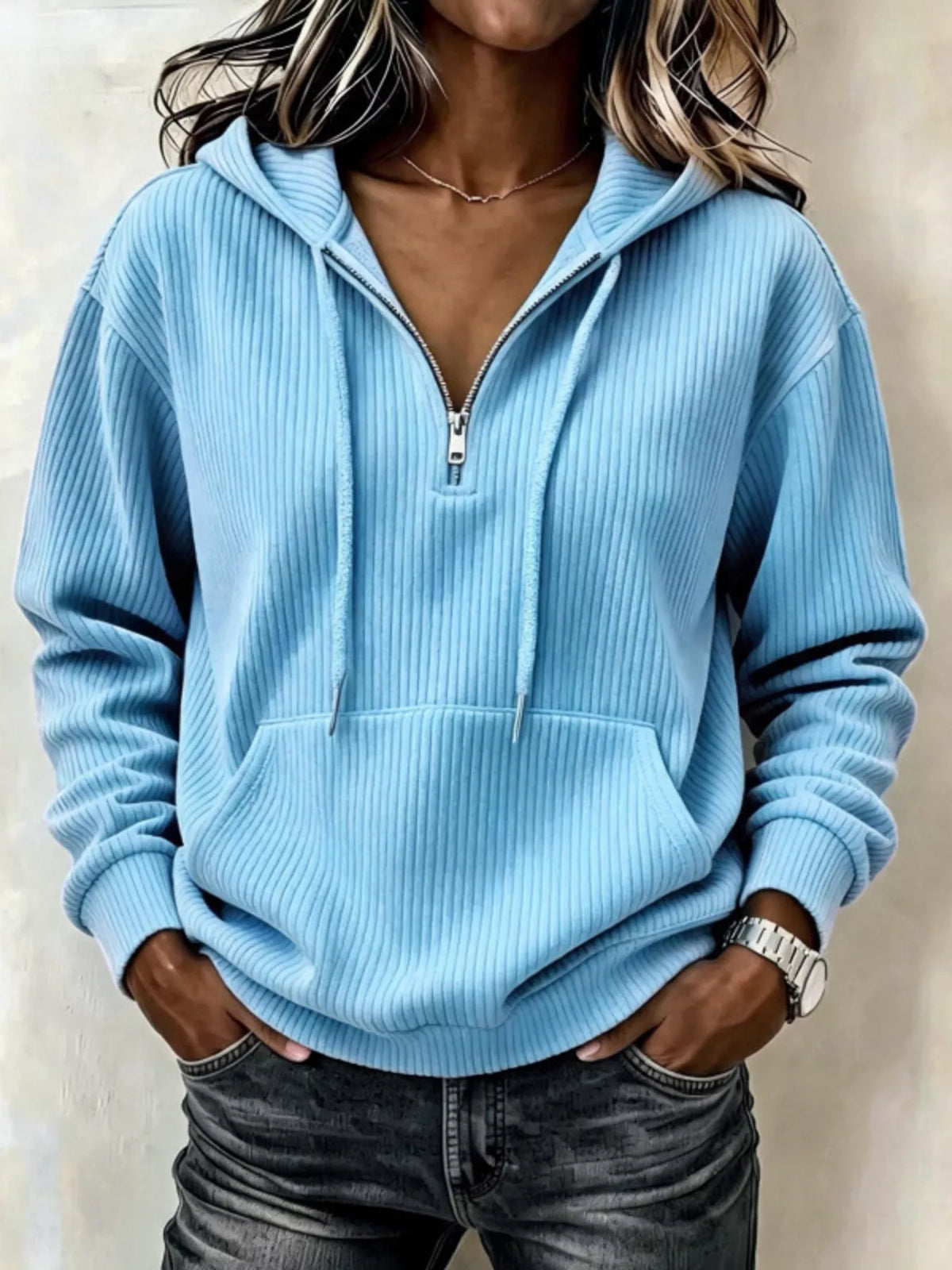 Ribbed Knit Quarter-Zip Hoodie, front view