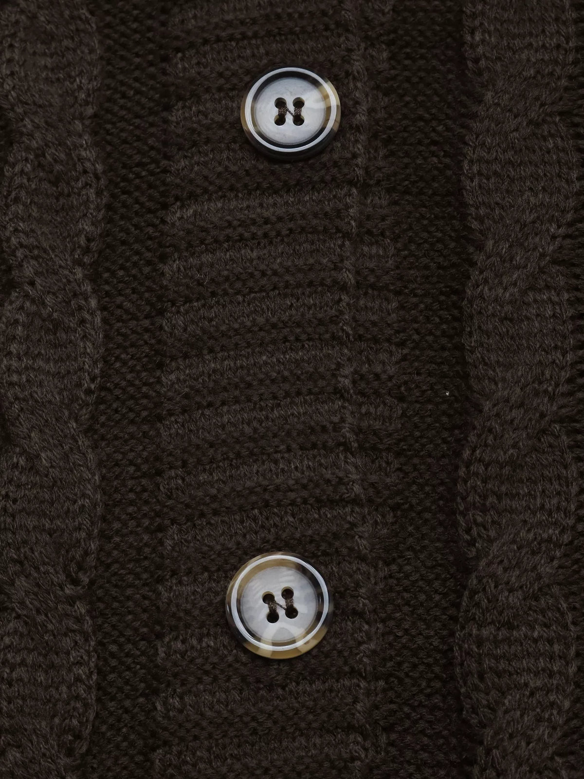 Brown V-neck cable knit cardigan, button placket detail