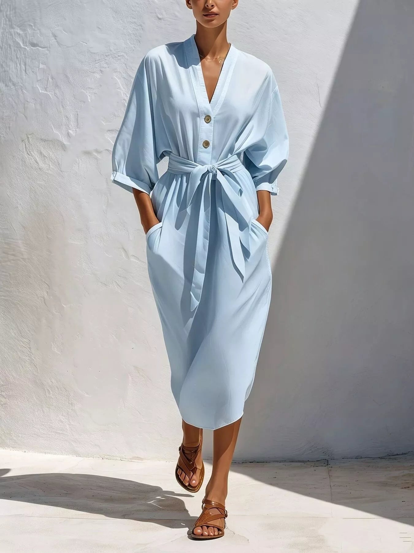 Trendsi Full Size Tie Waist V-Neck Midi Dress Plus Size -