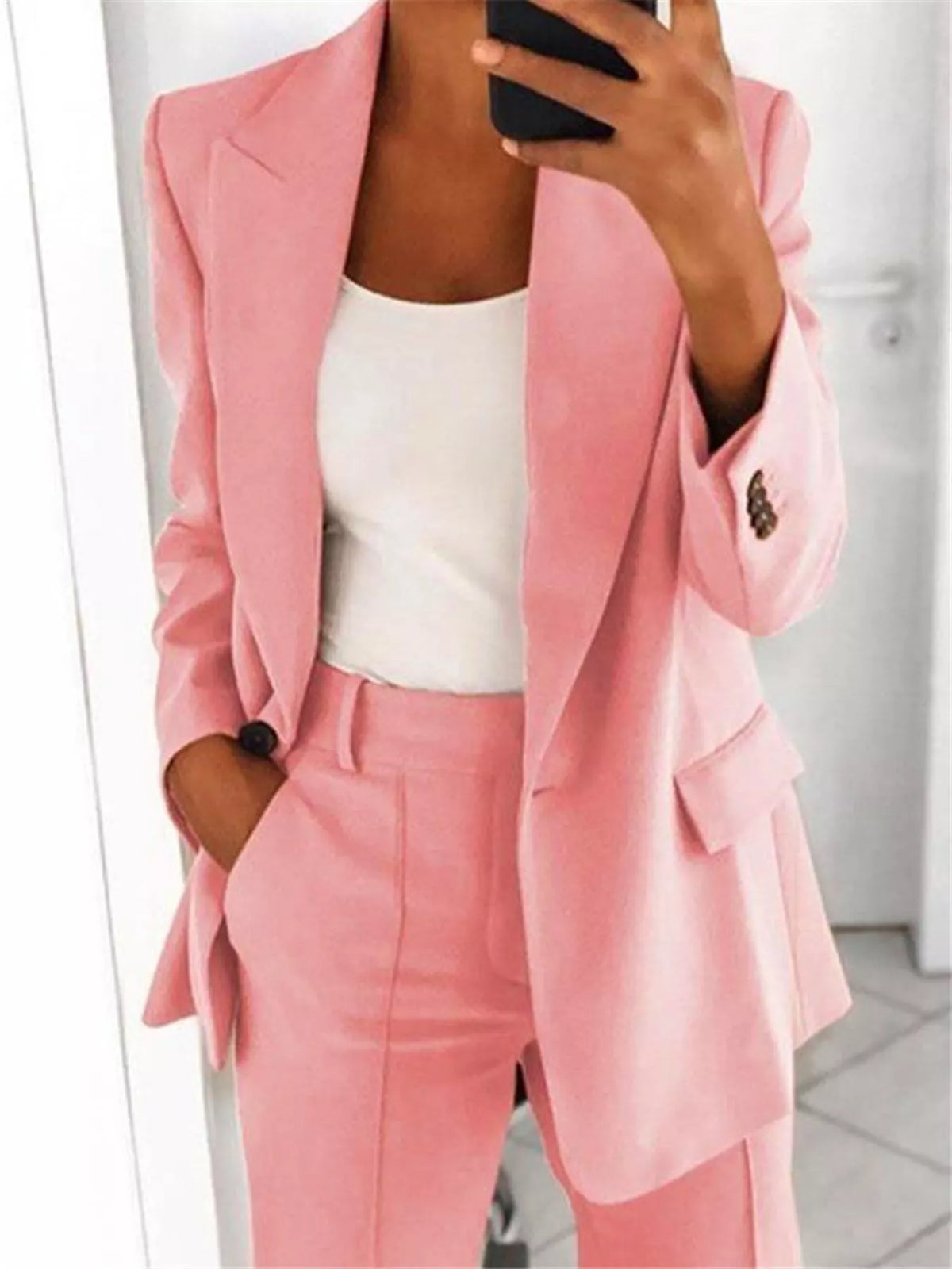Collared long sleeve outfit set, front view on model