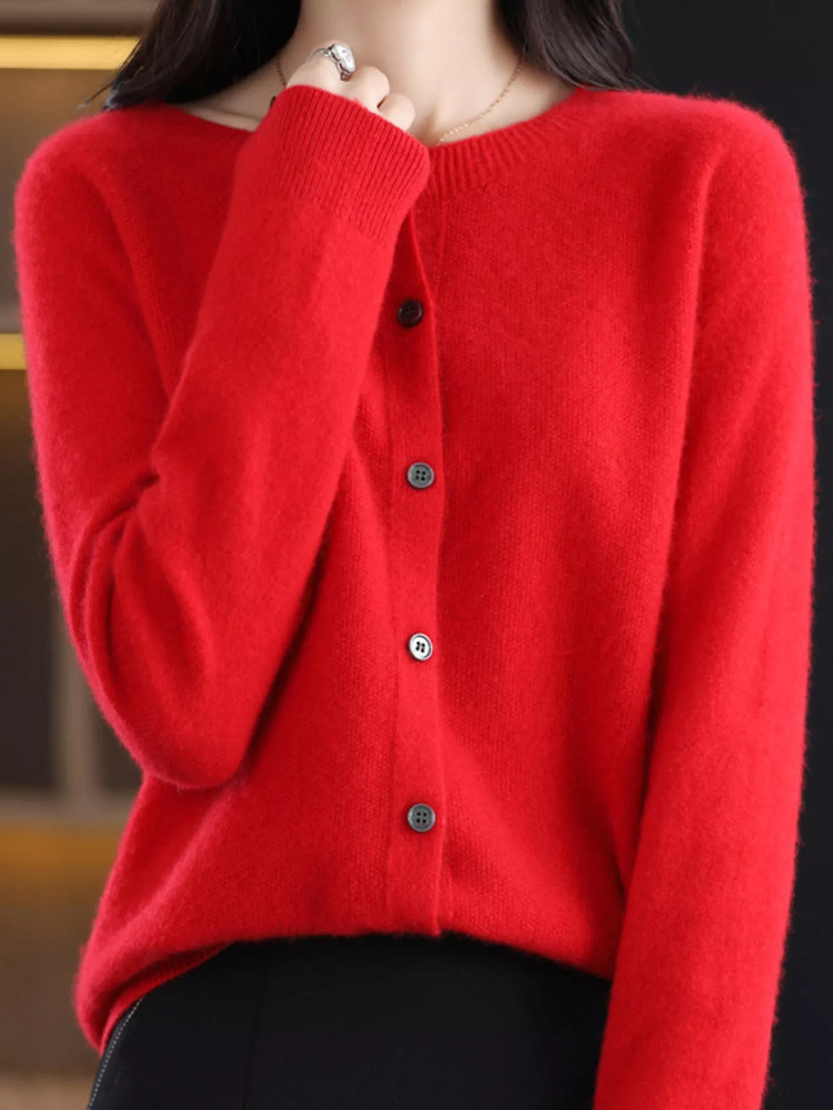 Round neck long sleeve cardigan, front view on model