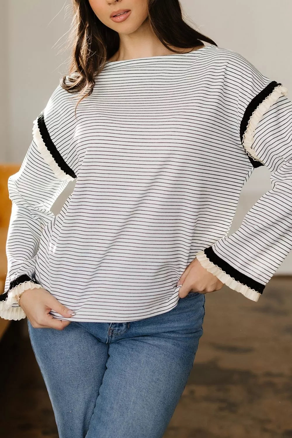 Trendsi Stripe Contrasted Ruffle Trim Loose Long Sleeve Top -