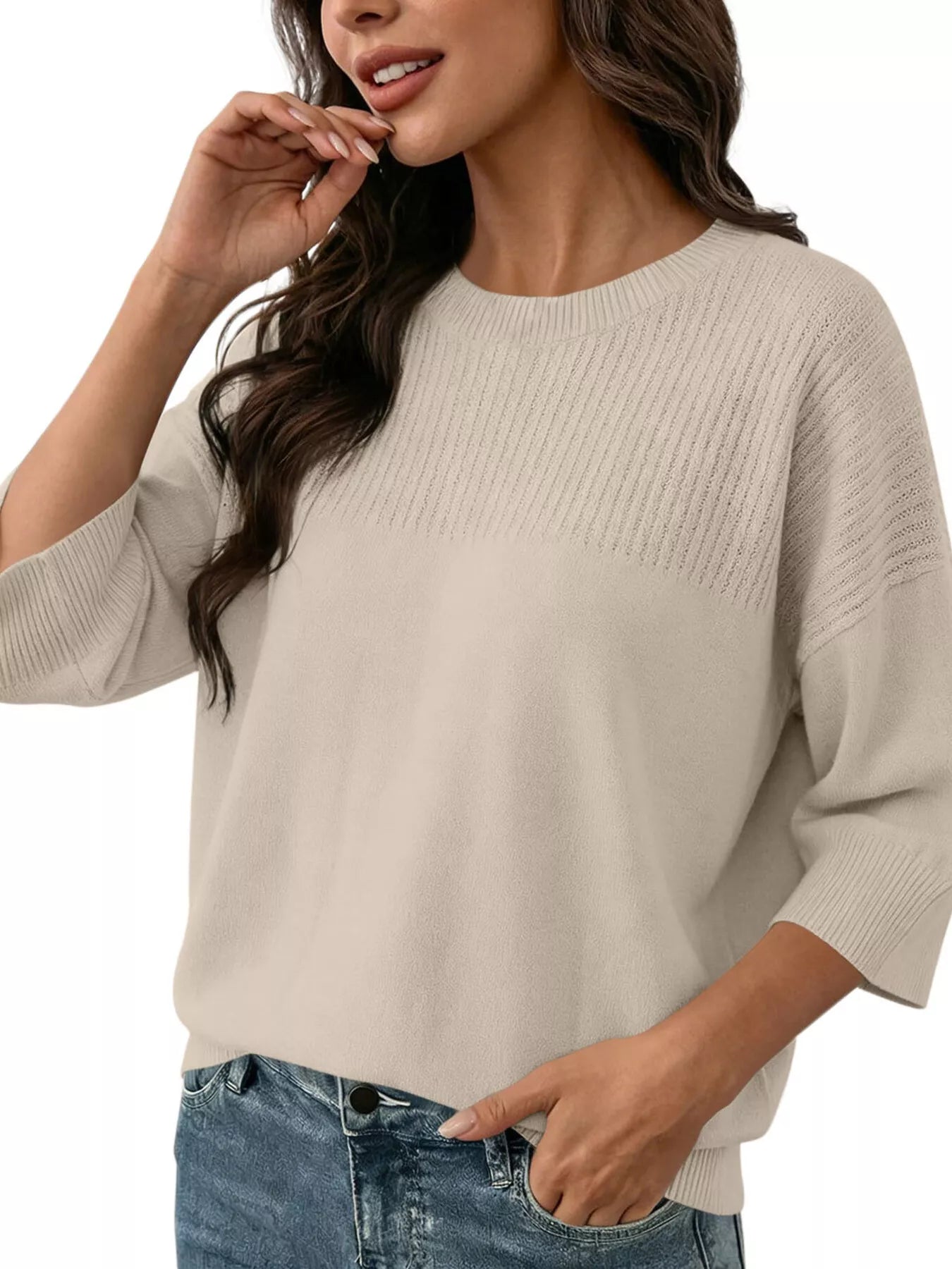 Trendsi Elegant Crew Neck Eyelet Ribbed Sweater -