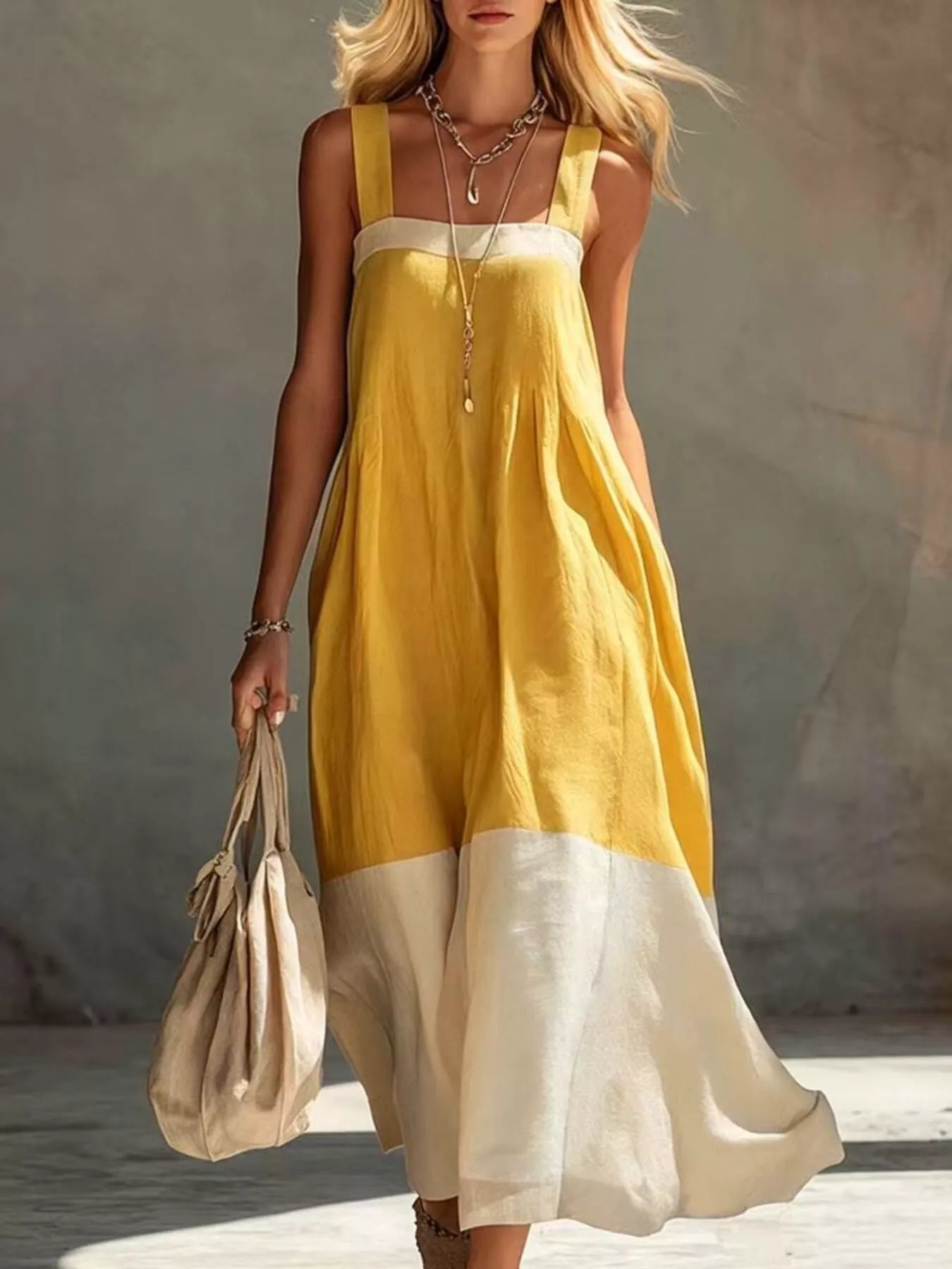 Trendsi Color-Block Sleeveless Linen-Blend Midi Dress -