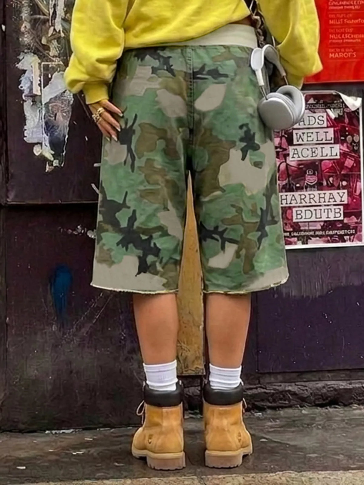 Camouflage Drawstring Shorts in green, back view