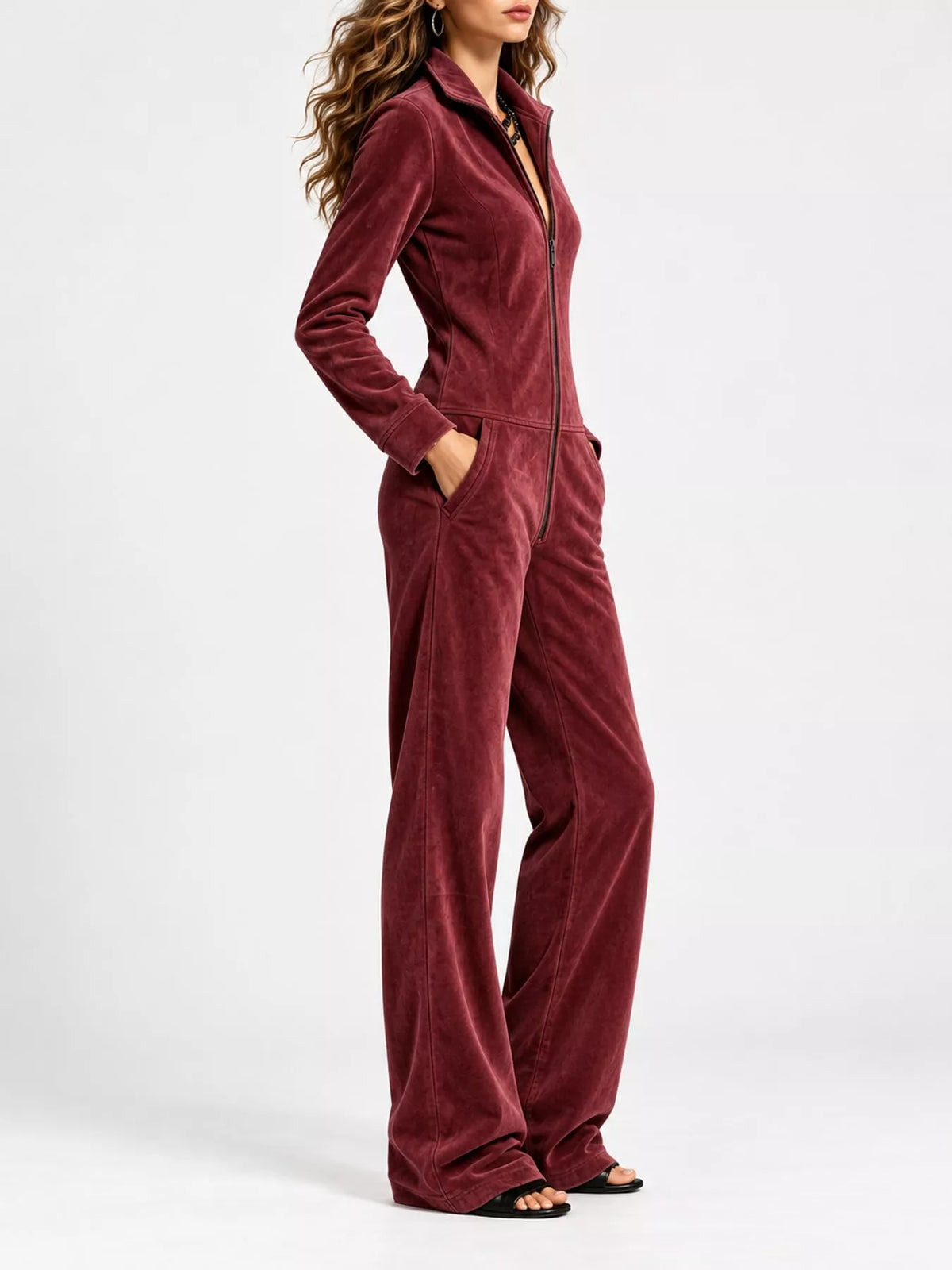 Velour Zip-Up Jumpsuit with Pockets, side view
