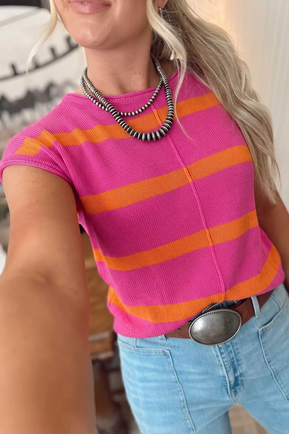 Trendsi Stripe Knit Western Short Sleeve Sweater -