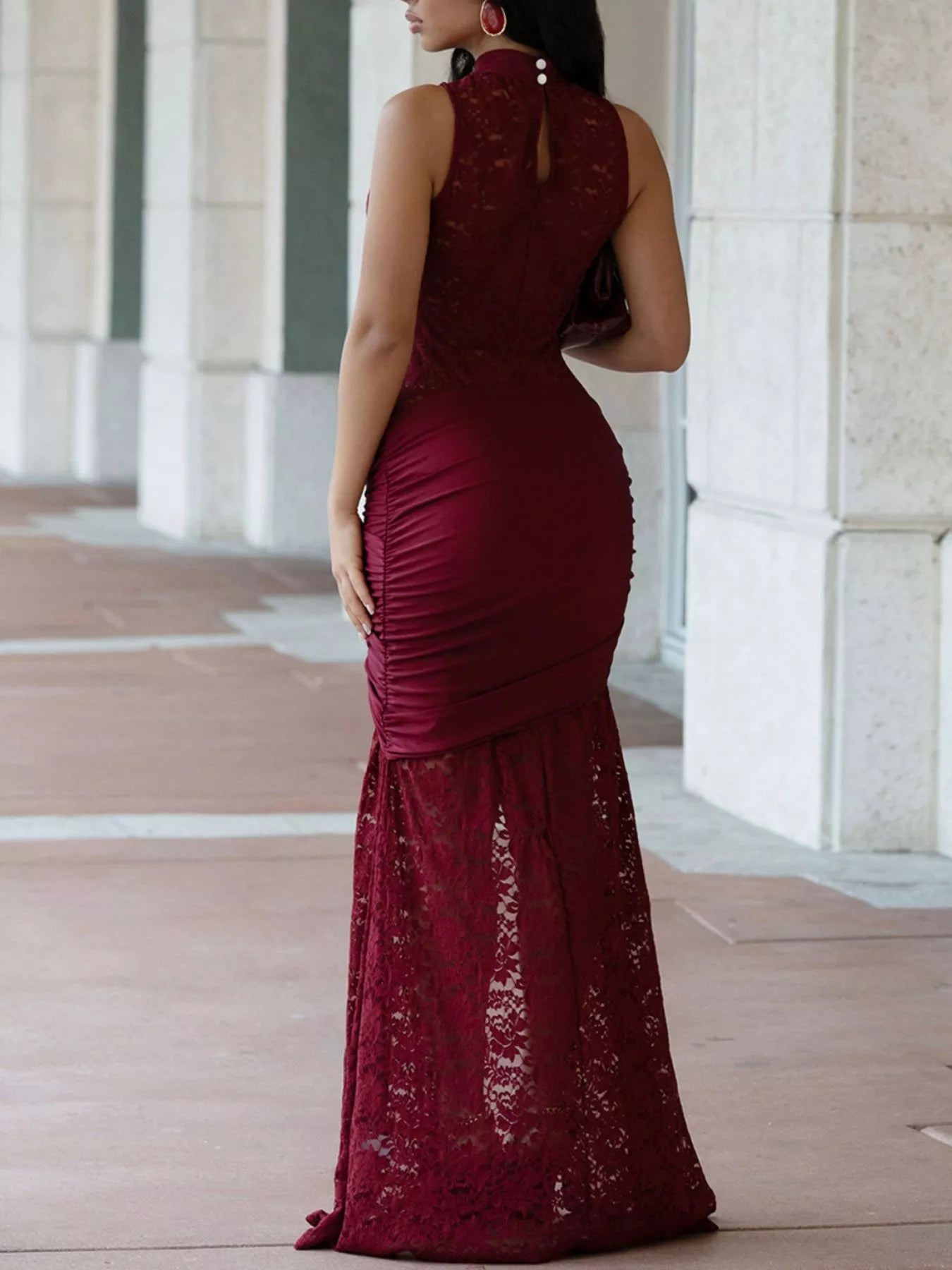 Trendsi Lace Keyhole High-Slit Maxi Dress -