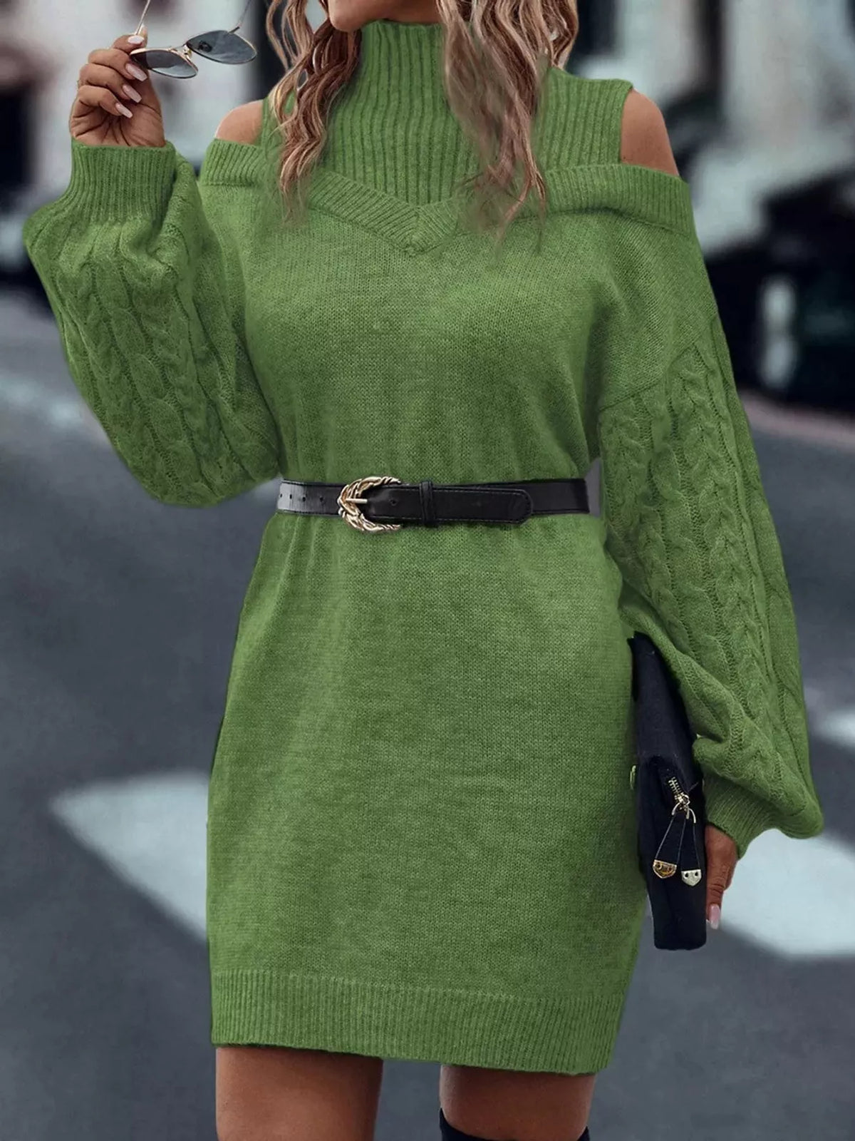 Green cold shoulder cable knit mock neck sweater dress, front view